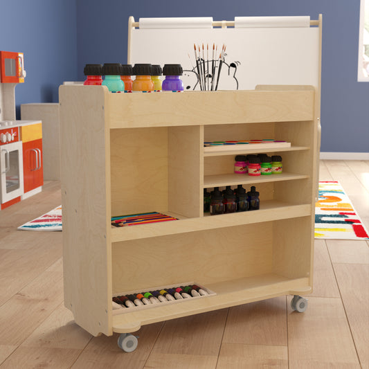 Bright Beginnings Commercial Grade Wooden Mobile Storage Cart with 4 Top Storage Compartments, 5 Cubbies and Locking Caster Wheels Beech