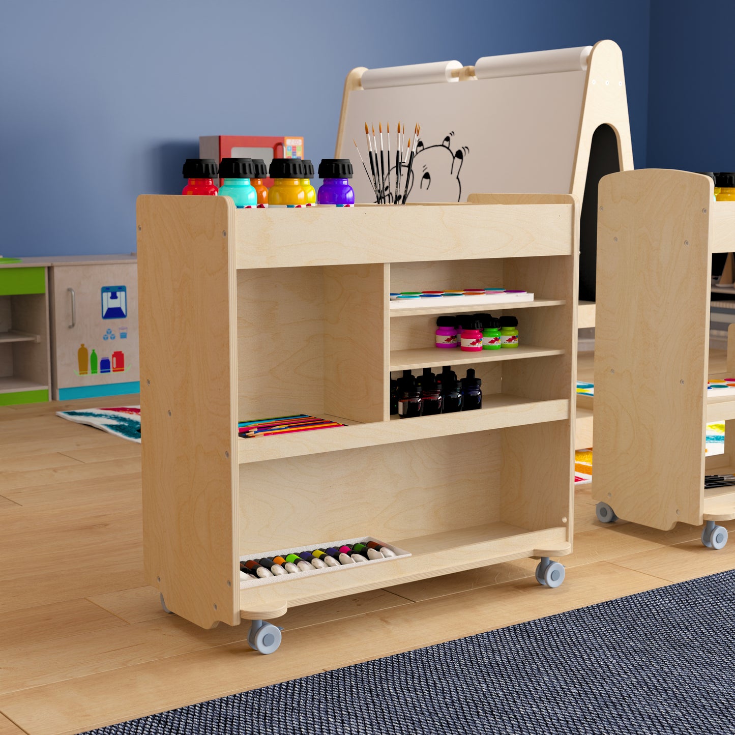 Bright Beginnings Commercial Grade Wooden Mobile Storage Cart with 4 Top Storage Compartments, 5 Cubbies and Locking Caster Wheels Beech