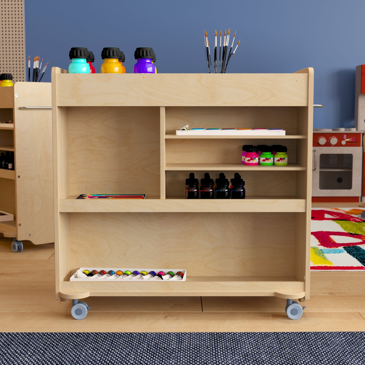 Bright Beginnings Commercial Grade Wooden Mobile Storage Cart with 4 Top Storage Compartments, 5 Cubbies and Locking Caster Wheels Beech