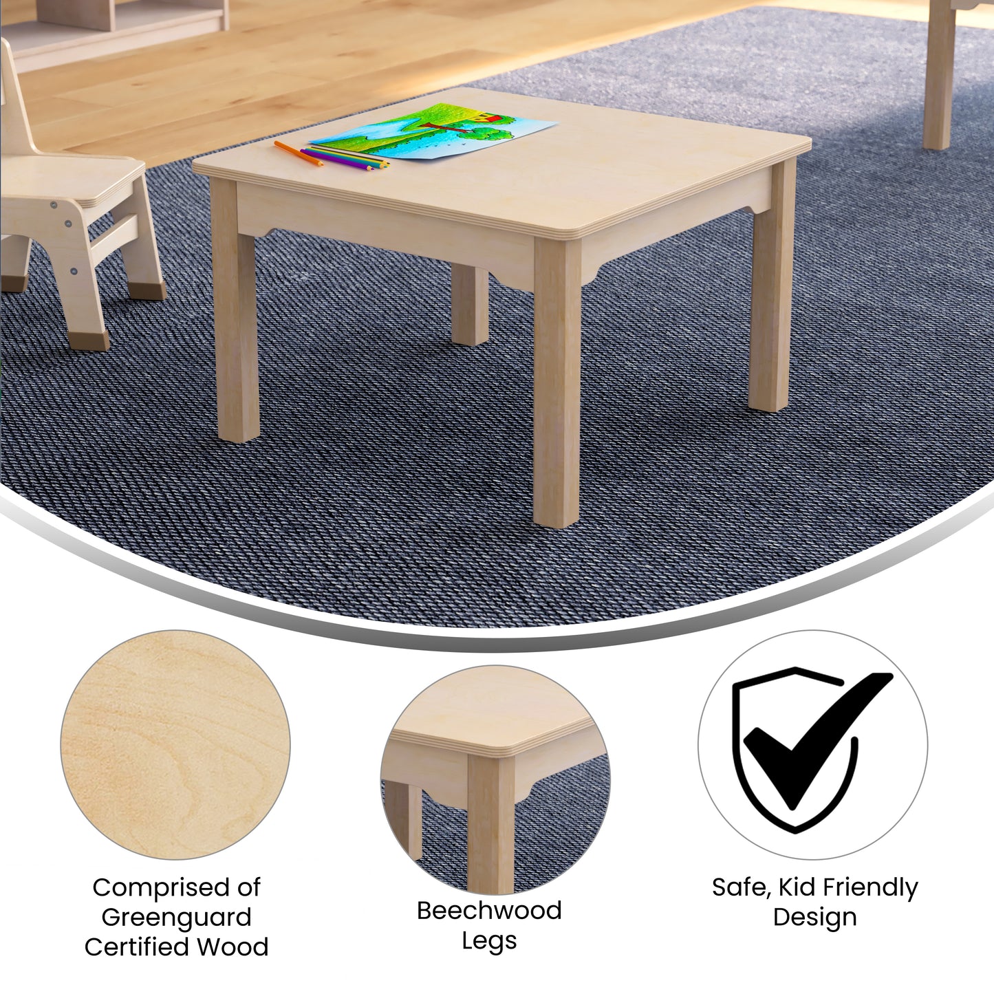 Bright Beginnings Commercial Grade Wooden Square Preschool Classroom Activity Table, (23.5"W x 14.5"H), Beech Beech
