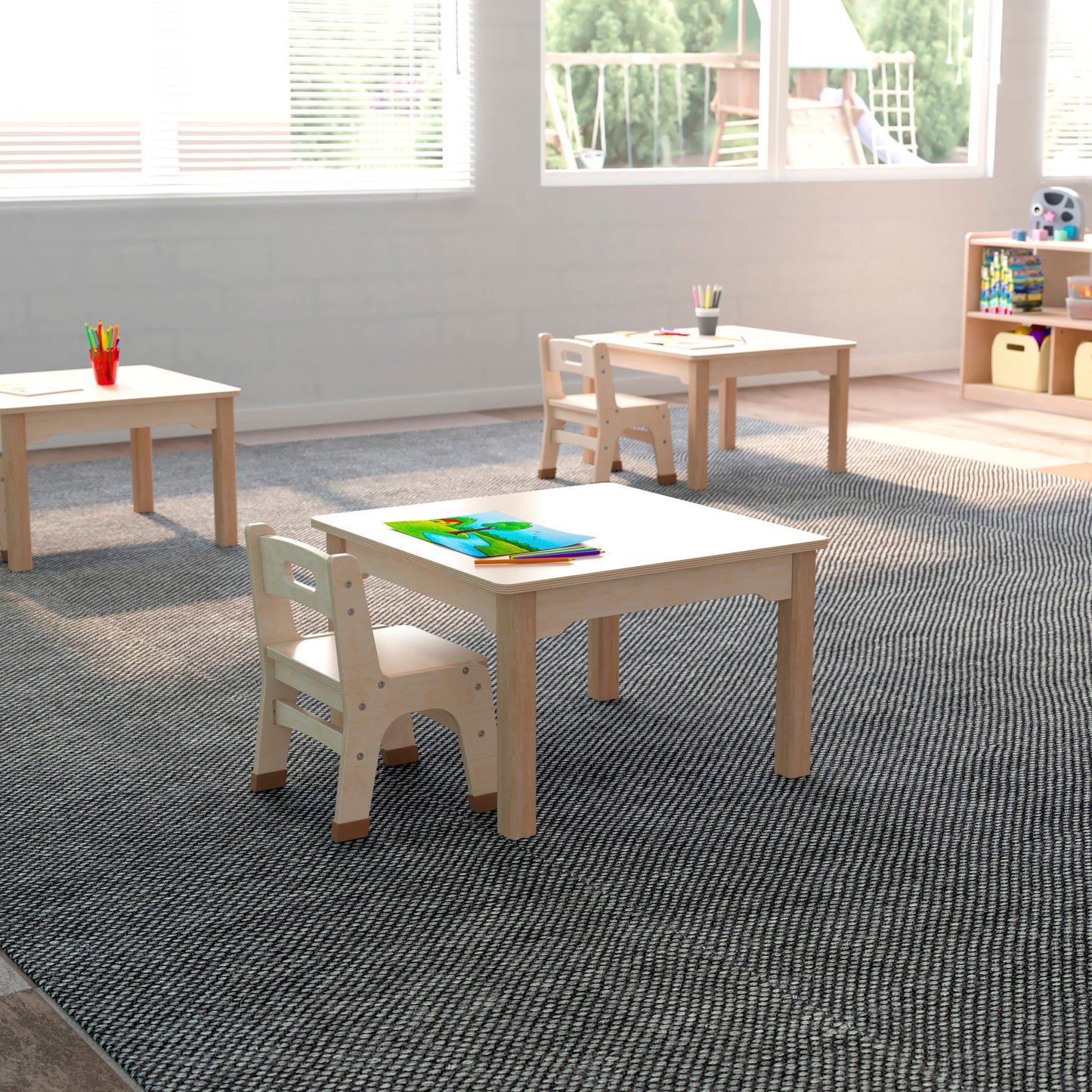 Bright Beginnings Commercial Grade Wooden Square Preschool Classroom Activity Table, (23.5"W x 14.5"H), Beech Beech