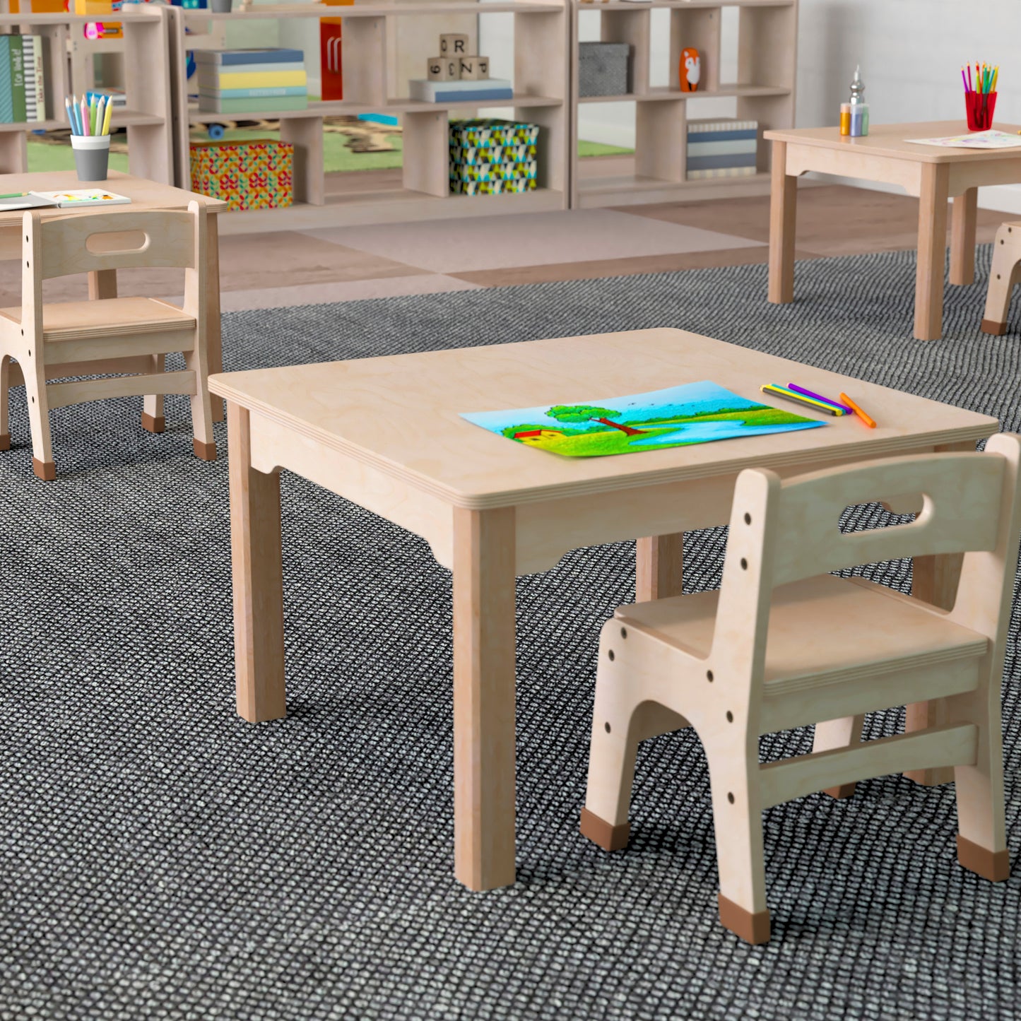Bright Beginnings Commercial Grade Wooden Square Preschool Classroom Activity Table, (23.5"W x 14.5"H), Beech Beech