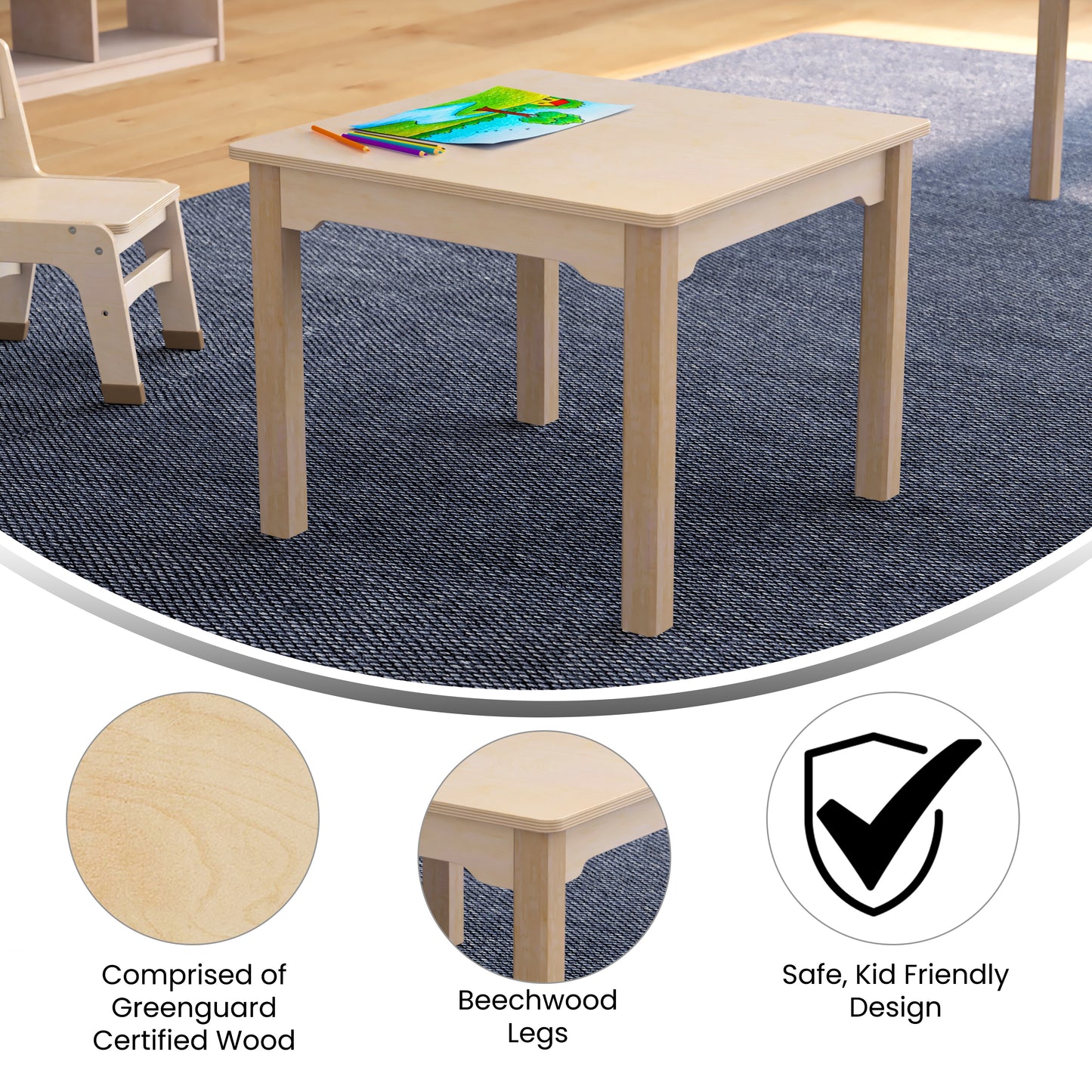 Bright Beginnings Commercial Grade Wooden Square Preschool Classroom Activity Table, (23.5"W x 18"H), Beech Beech