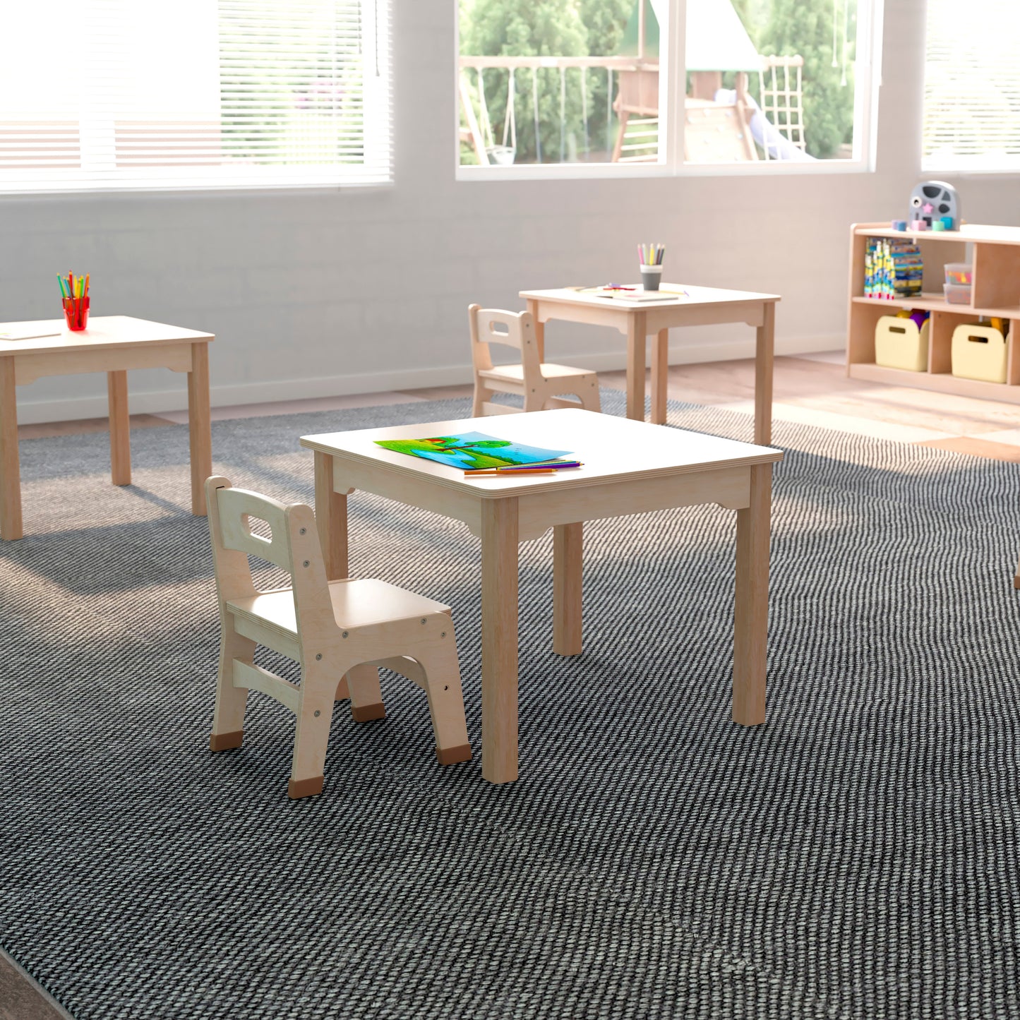 Bright Beginnings Commercial Grade Wooden Square Preschool Classroom Activity Table, (23.5"W x 18"H), Beech Beech