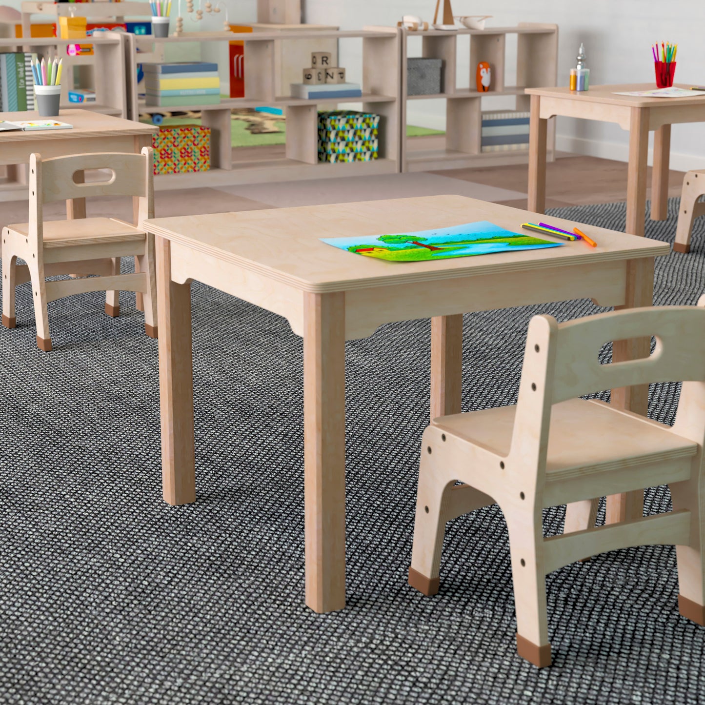 Bright Beginnings Commercial Grade Wooden Square Preschool Classroom Activity Table, (23.5"W x 18"H), Beech Beech
