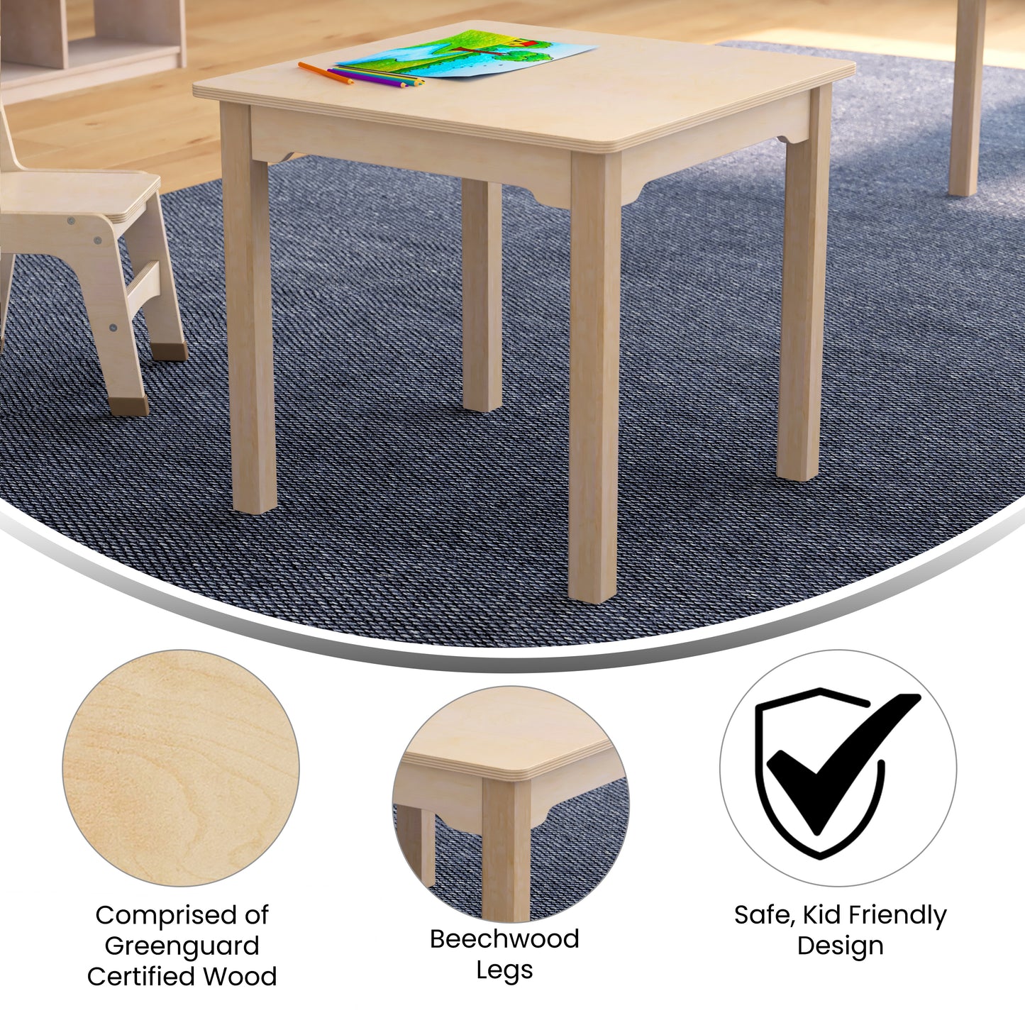 Bright Beginnings Commercial Grade Wooden Square Preschool Classroom Activity Table, (23.5"W x 21.25"H), Beech Beech