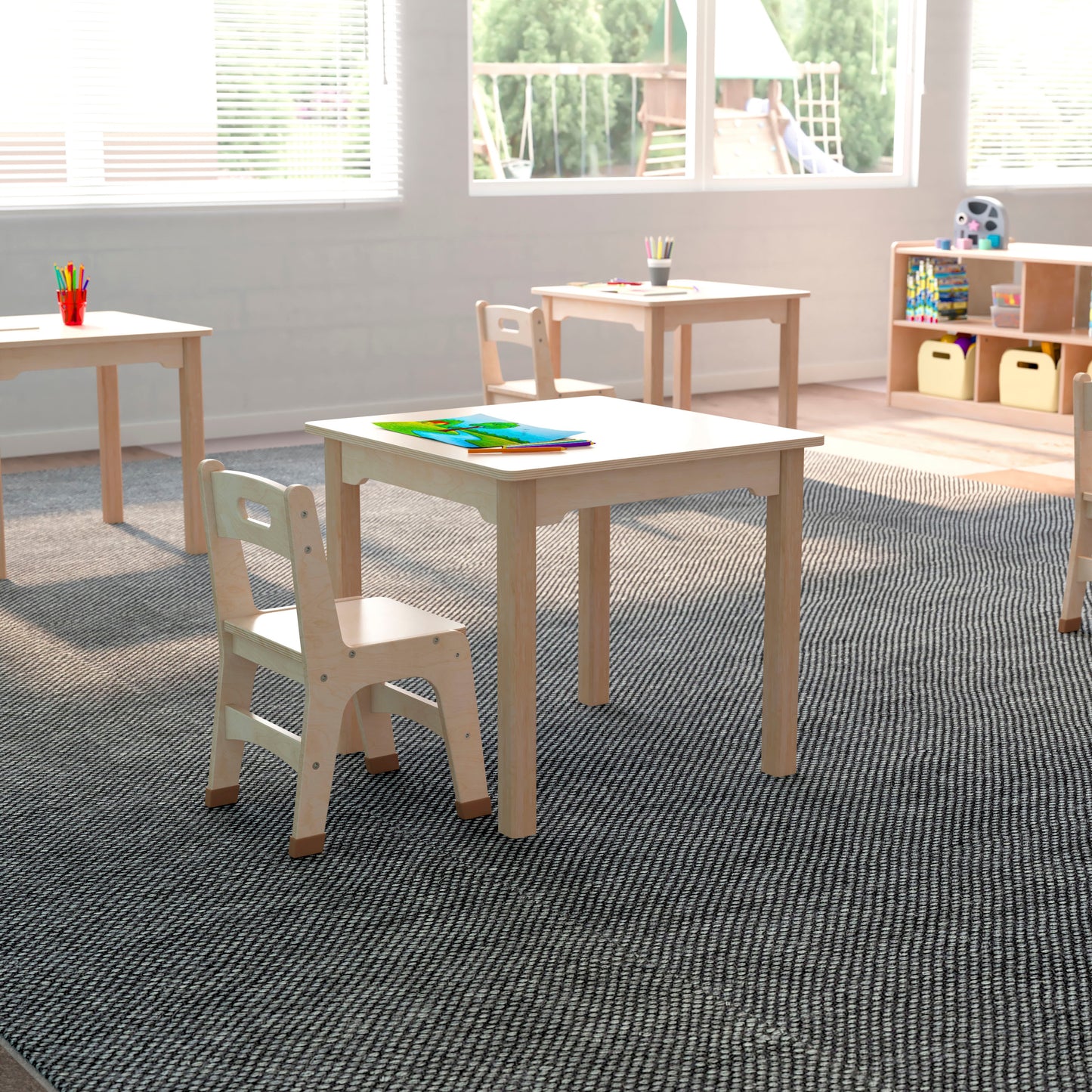 Bright Beginnings Commercial Grade Wooden Square Preschool Classroom Activity Table, (23.5"W x 21.25"H), Beech Beech