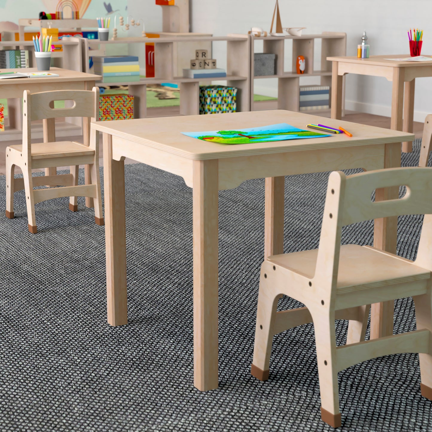 Bright Beginnings Commercial Grade Wooden Square Preschool Classroom Activity Table, (23.5"W x 21.25"H), Beech Beech