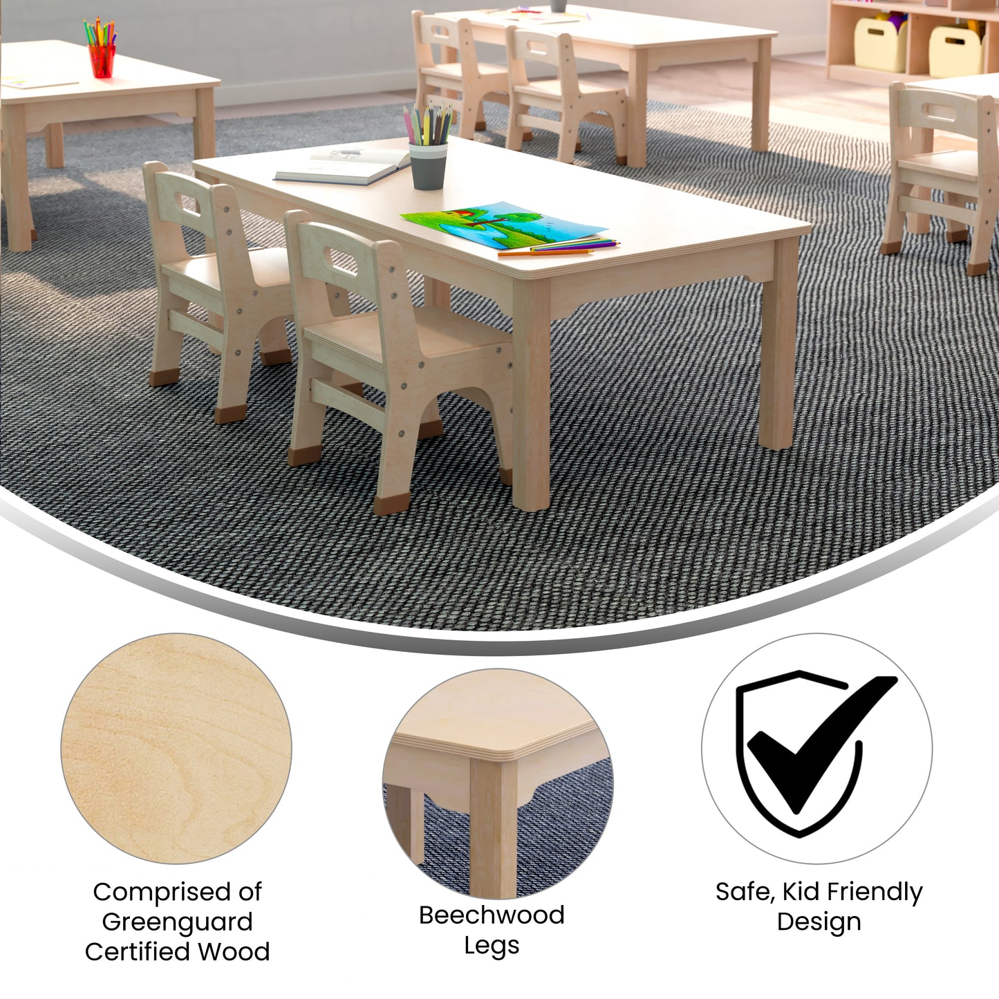 Bright Beginnings Commercial Grade Wooden Rectangular Preschool Classroom Activity Table, (23.5"W x 47.25"D x 14.5"H), Beech Beech MK-ME088010-GG