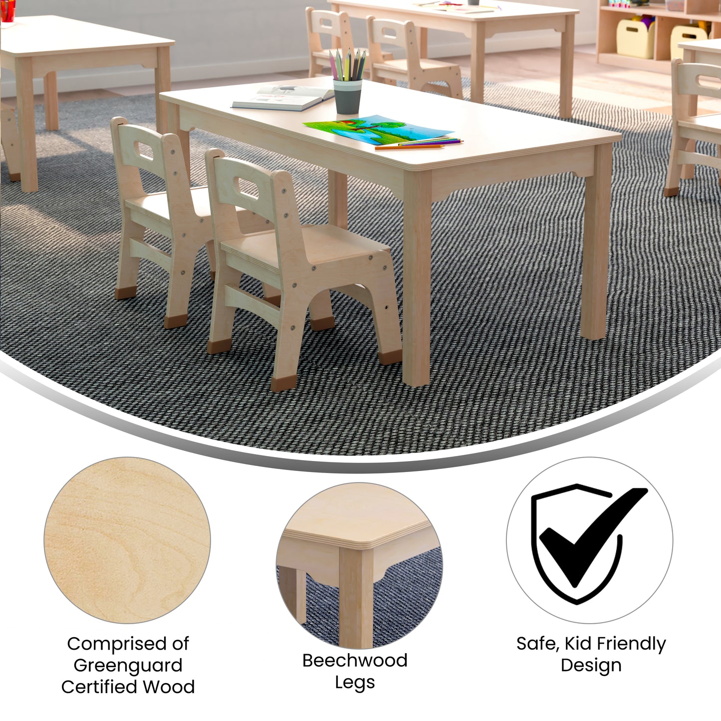 Bright Beginnings Commercial Grade Wooden Rectangular Preschool Classroom Activity Table, (23.5"W x 47.25"D x 18"H), Beech Beech