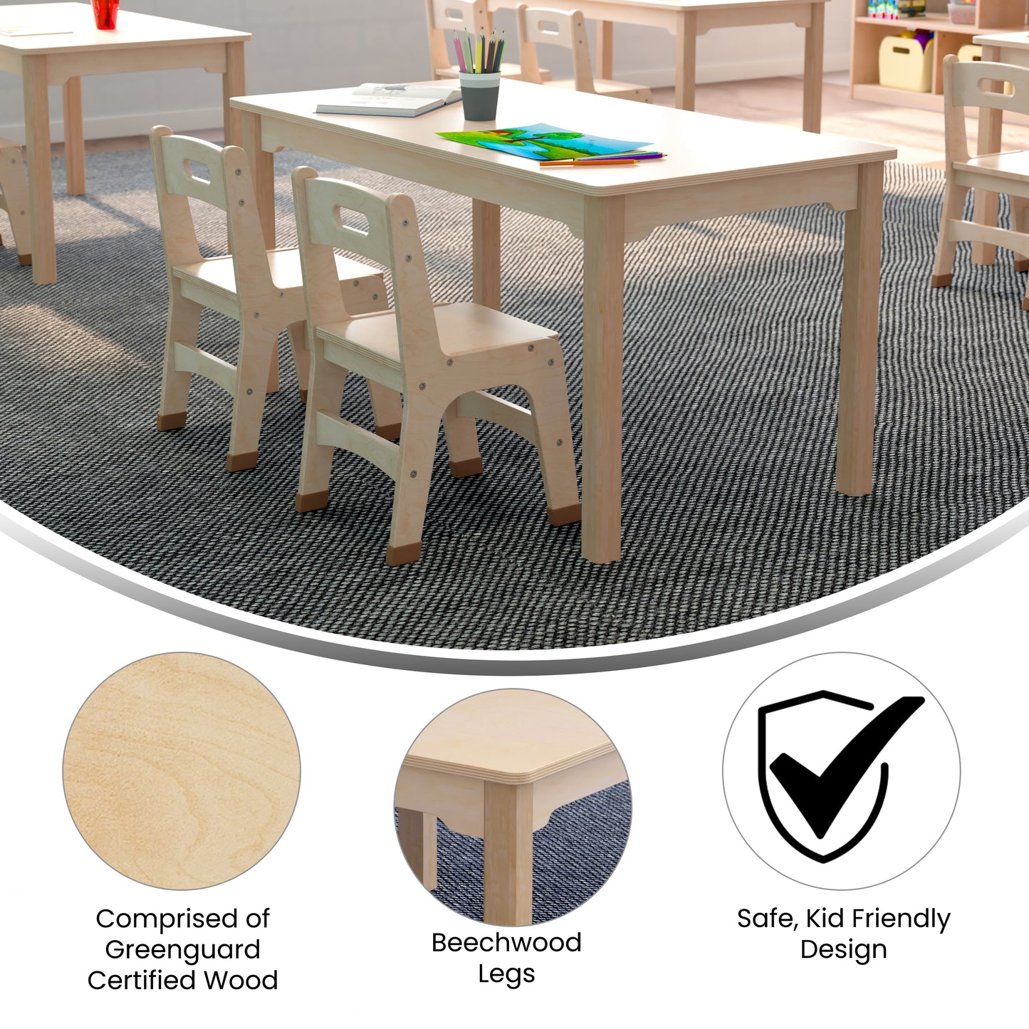 Bright Beginnings Commercial Grade Wooden Rectangular Preschool Classroom Activity Table, (23.5"W x 47.25"D x 21.25"H), Beech Beech