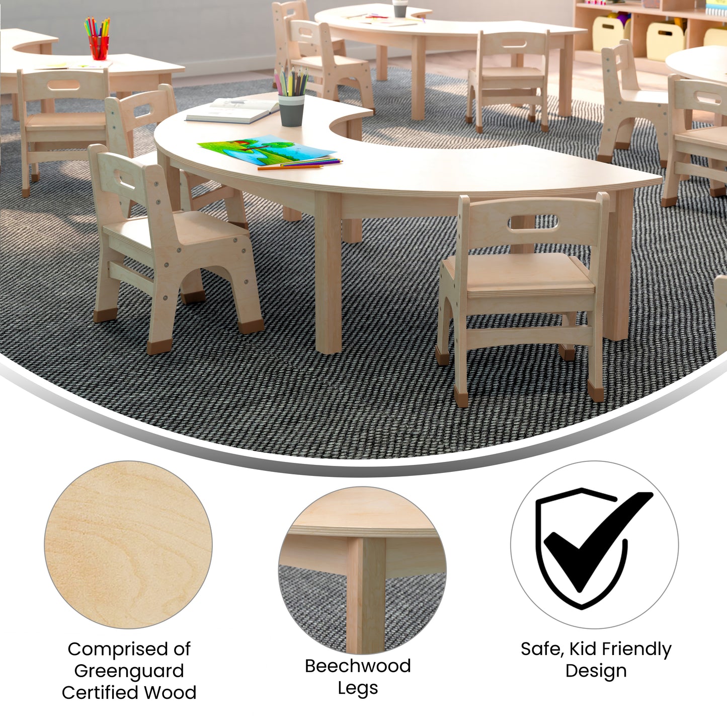 Bright Beginnings Commercial Grade Wooden Half Circle Preschool Classroom Activity Table, (29.5"W x 59"D x 14.5"H), Beech Beech