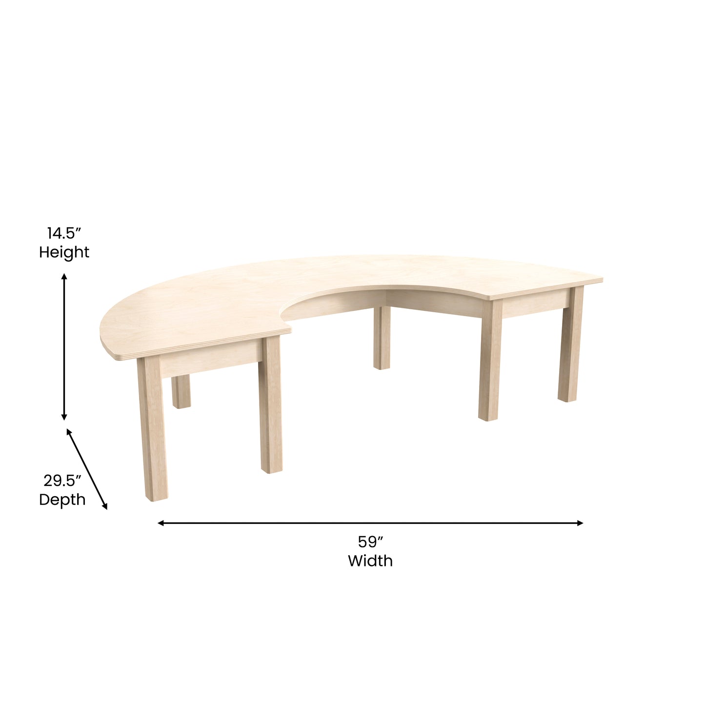 Bright Beginnings Commercial Grade Wooden Half Circle Preschool Classroom Activity Table, (29.5"W x 59"D x 14.5"H), Beech Beech