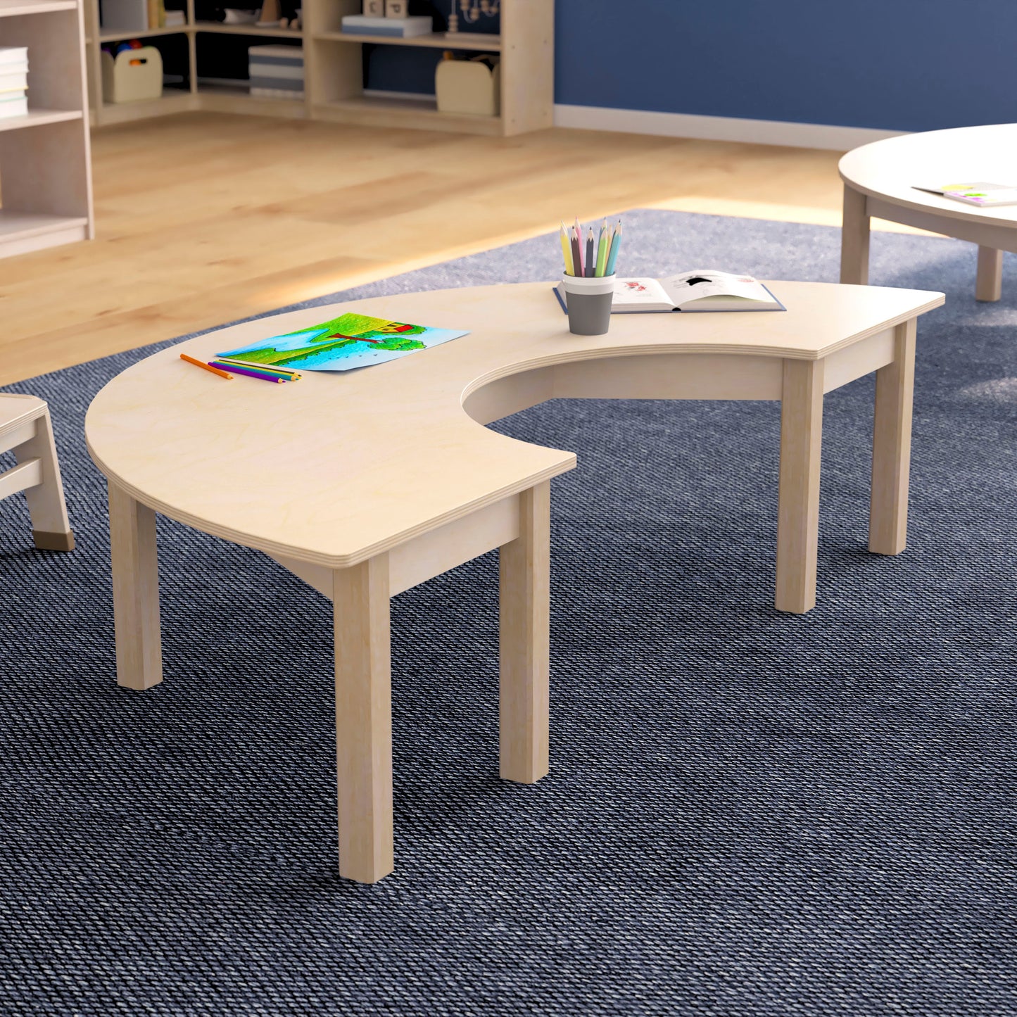 Bright Beginnings Commercial Grade Wooden Half Circle Preschool Classroom Activity Table, (29.5"W x 59"D x 14.5"H), Beech Beech