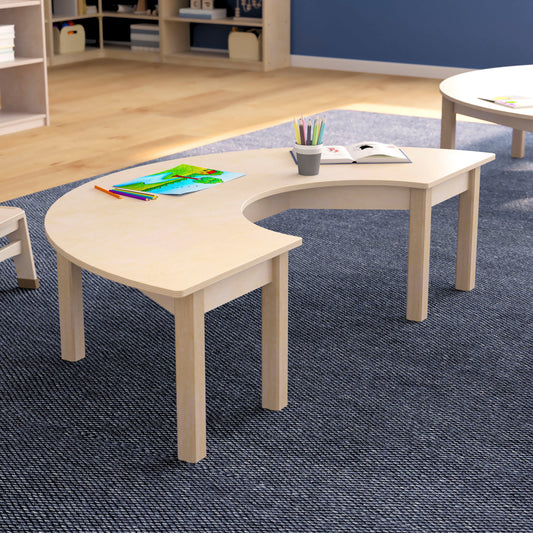 Bright Beginnings Commercial Grade Wooden Half Circle Preschool Classroom Activity Table, (29.5"W x 59"D x 14.5"H), Beech Beech