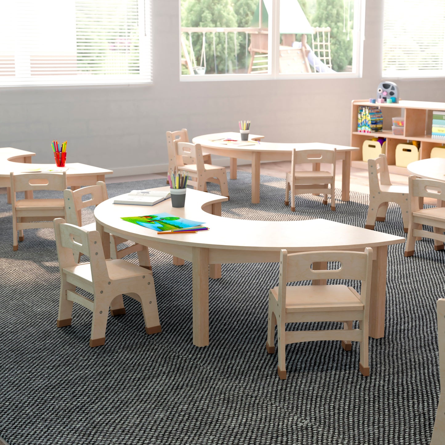 Bright Beginnings Commercial Grade Wooden Half Circle Preschool Classroom Activity Table, (29.5"W x 59"D x 14.5"H), Beech Beech