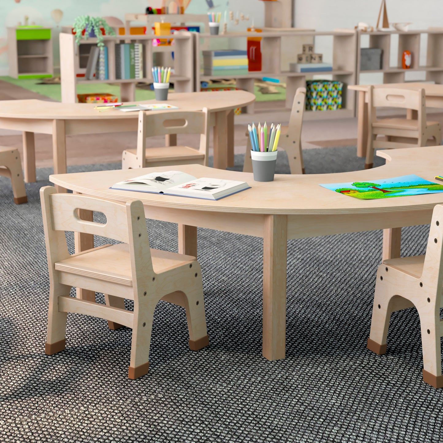 Bright Beginnings Commercial Grade Wooden Half Circle Preschool Classroom Activity Table, (29.5"W x 59"D x 14.5"H), Beech Beech