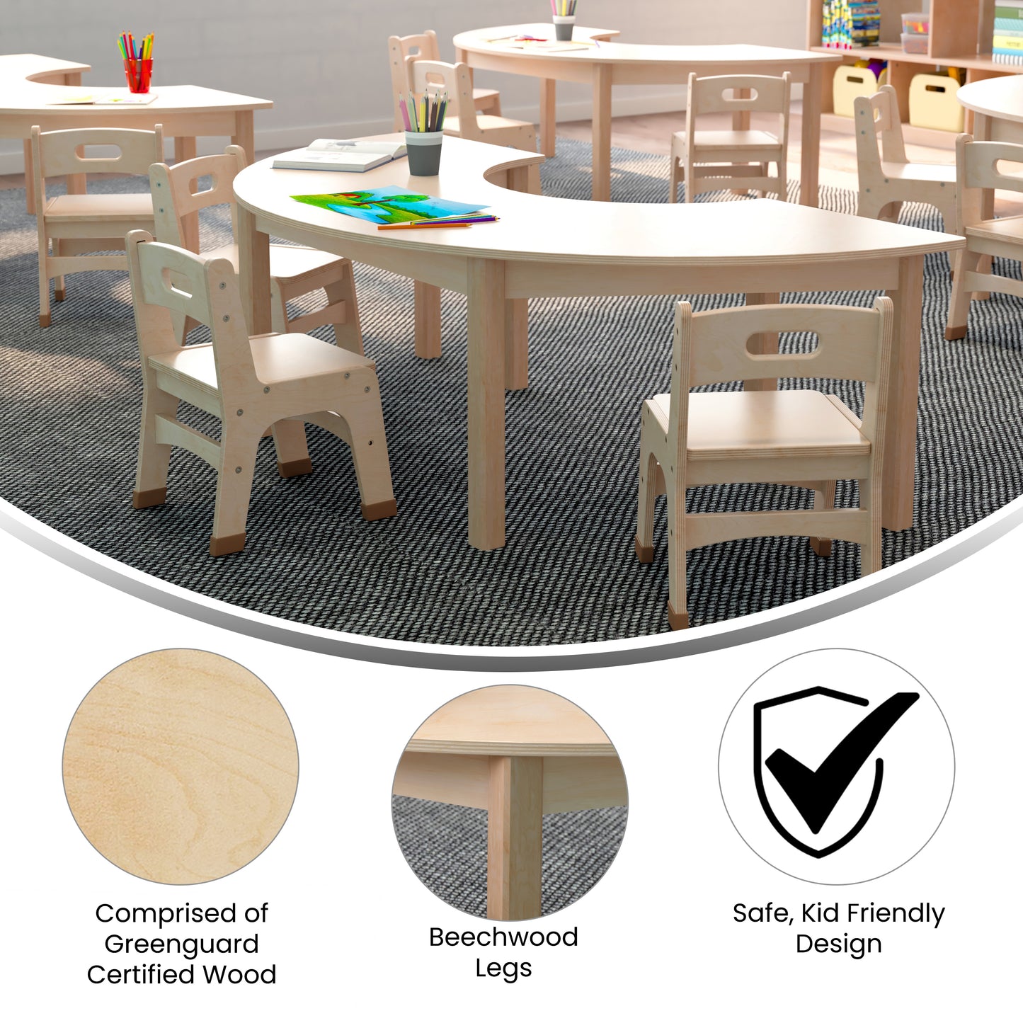 Bright Beginnings Commercial Grade Wooden Half Circle Preschool Classroom Activity Table, (29.5"W x 59"D x 18"H), Beech Beech
