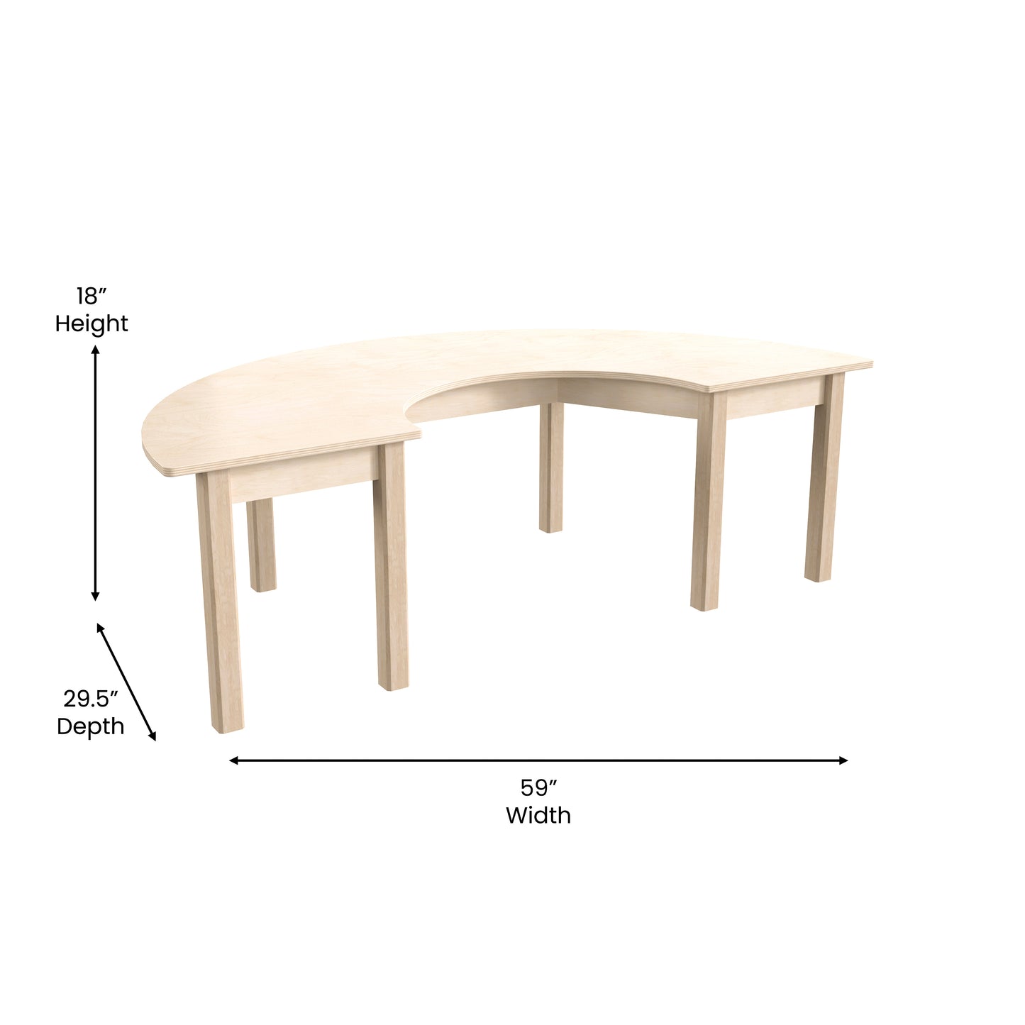 Bright Beginnings Commercial Grade Wooden Half Circle Preschool Classroom Activity Table, (29.5"W x 59"D x 18"H), Beech Beech