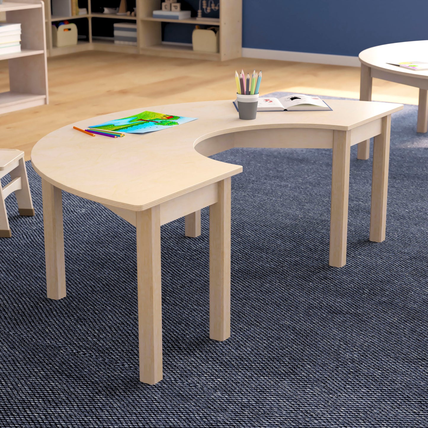 Bright Beginnings Commercial Grade Wooden Half Circle Preschool Classroom Activity Table, (29.5"W x 59"D x 18"H), Beech Beech