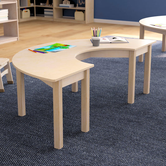 Bright Beginnings Commercial Grade Wooden Half Circle Preschool Classroom Activity Table, (29.5"W x 59"D x 18"H), Beech Beech