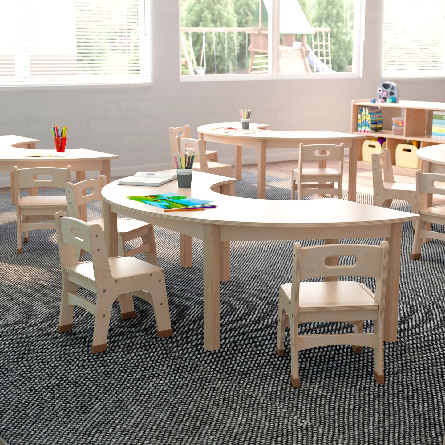 Bright Beginnings Commercial Grade Wooden Half Circle Preschool Classroom Activity Table, (29.5"W x 59"D x 18"H), Beech Beech