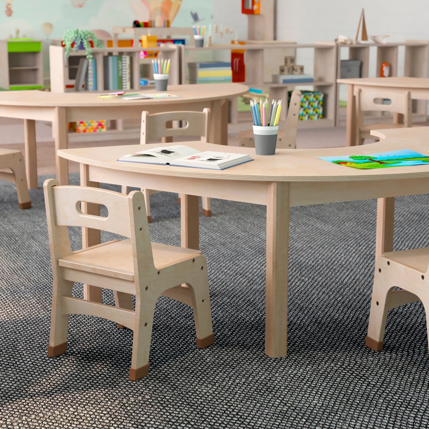 Bright Beginnings Commercial Grade Wooden Half Circle Preschool Classroom Activity Table, (29.5"W x 59"D x 18"H), Beech Beech