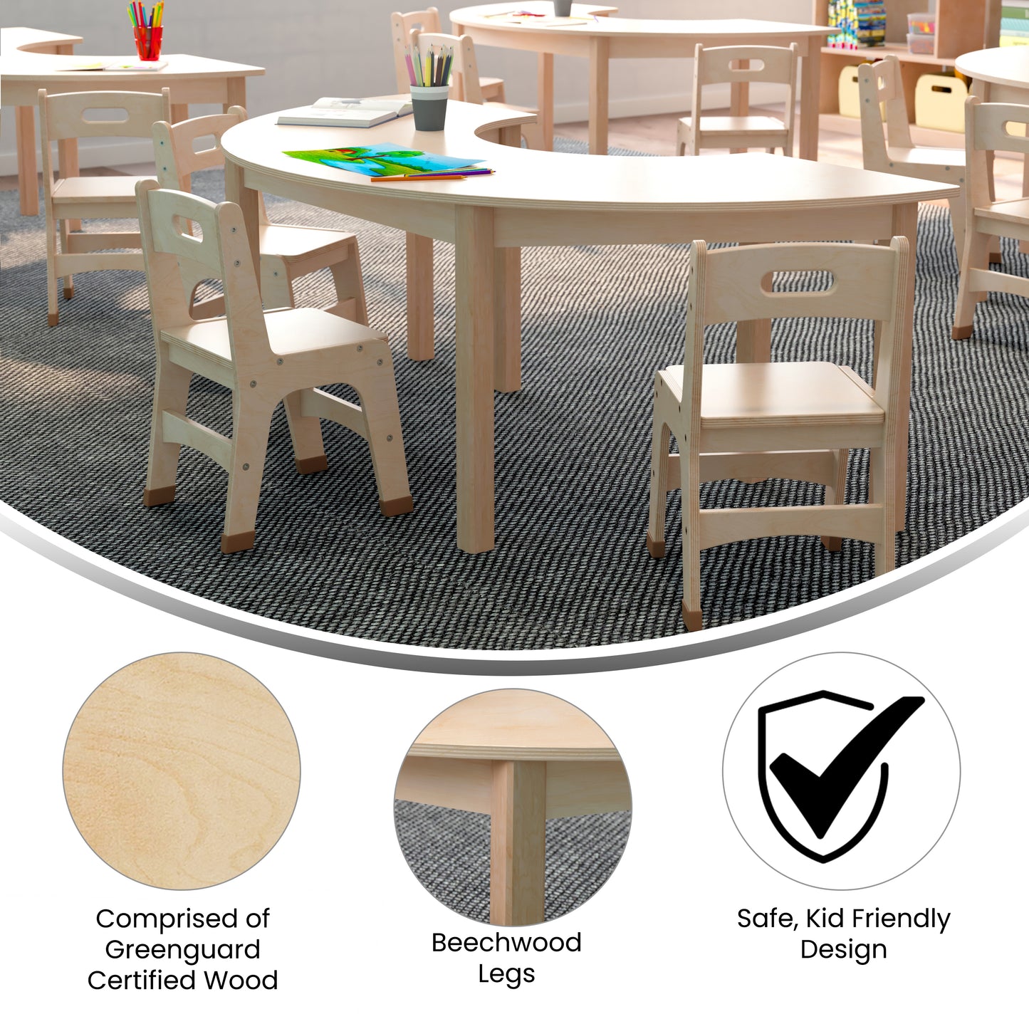 Bright Beginnings Commercial Grade Wooden Half Circle Preschool Classroom Activity Table, (29.5"W x 59"D x 21"H), Beech Beech