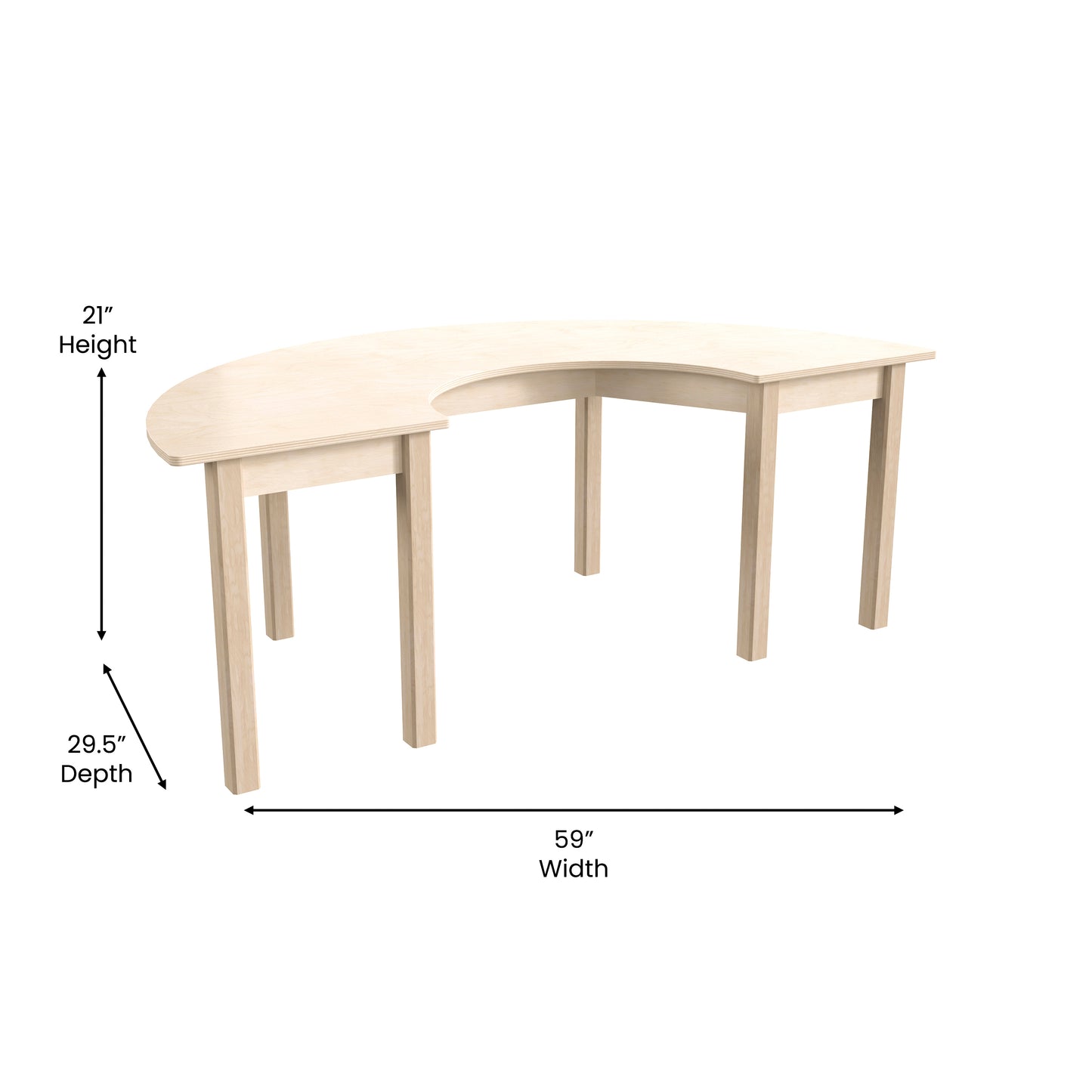 Bright Beginnings Commercial Grade Wooden Half Circle Preschool Classroom Activity Table, (29.5"W x 59"D x 21"H), Beech Beech