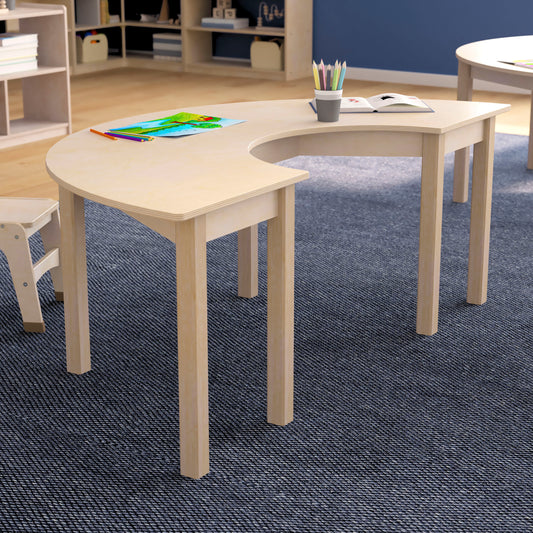 Bright Beginnings Commercial Grade Wooden Half Circle Preschool Classroom Activity Table, (29.5"W x 59"D x 21"H), Beech Beech