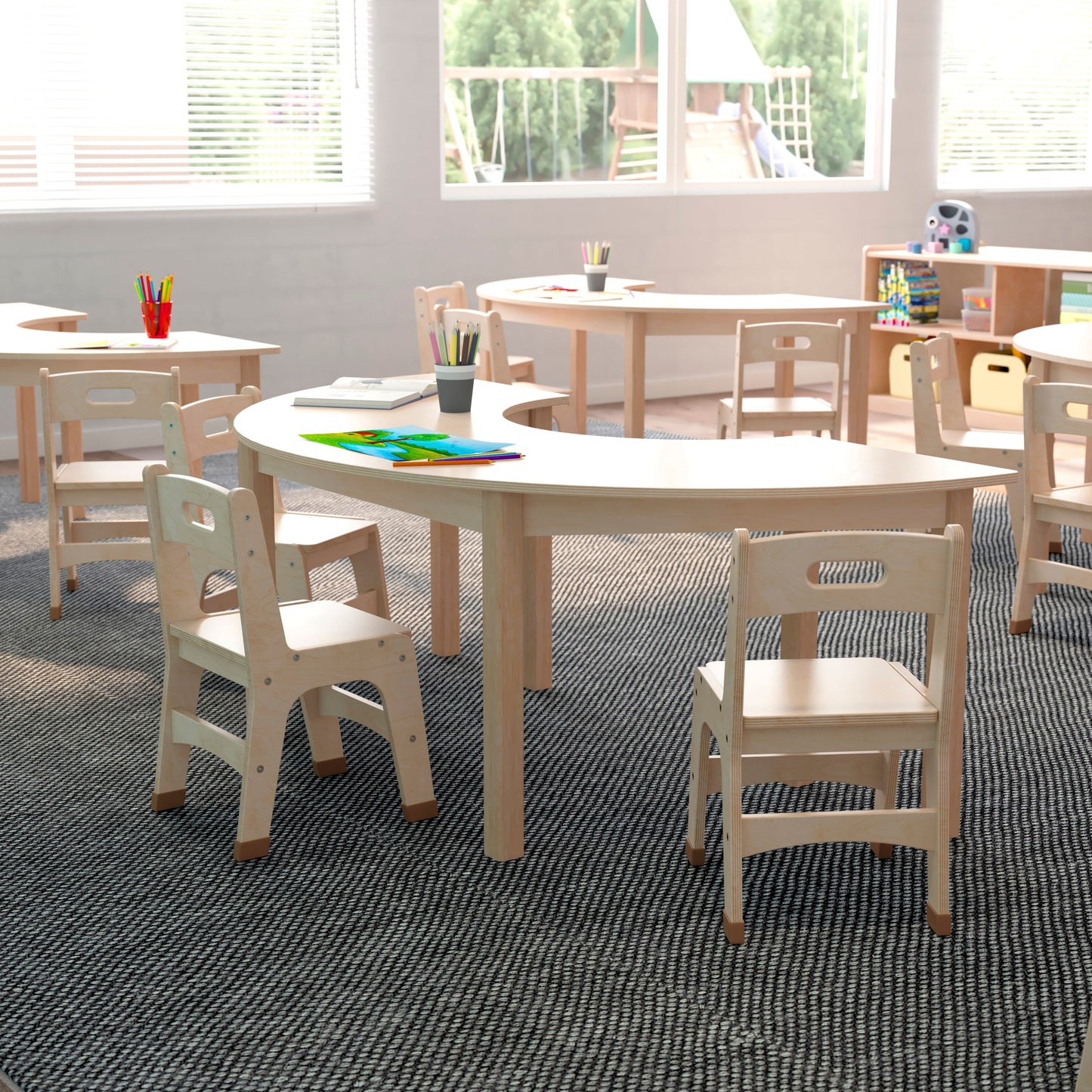 Bright Beginnings Commercial Grade Wooden Half Circle Preschool Classroom Activity Table, (29.5"W x 59"D x 21"H), Beech Beech