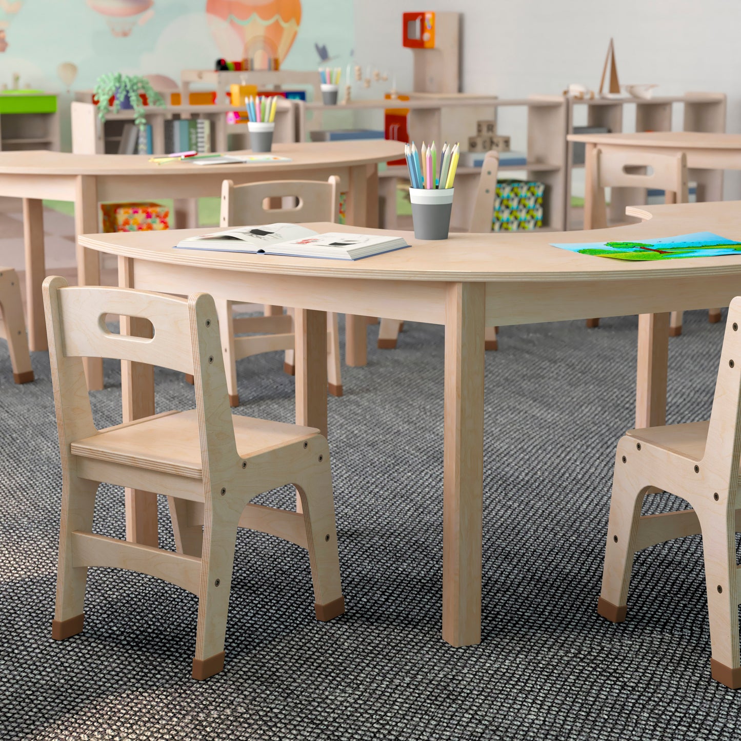 Bright Beginnings Commercial Grade Wooden Half Circle Preschool Classroom Activity Table, (29.5"W x 59"D x 21"H), Beech Beech