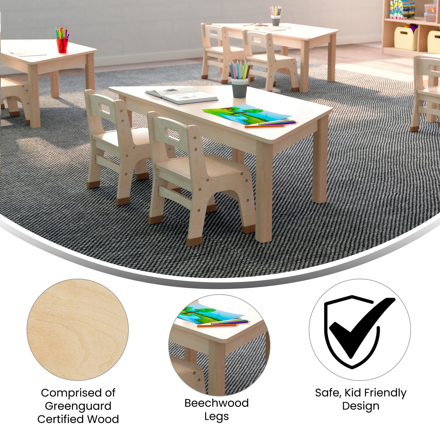 Bright Beginnings Commercial Grade Wooden Trapezoid Preschool Classroom Activity Table, (20.75"W x 47.25"D x 14.5"H), Beech Beech