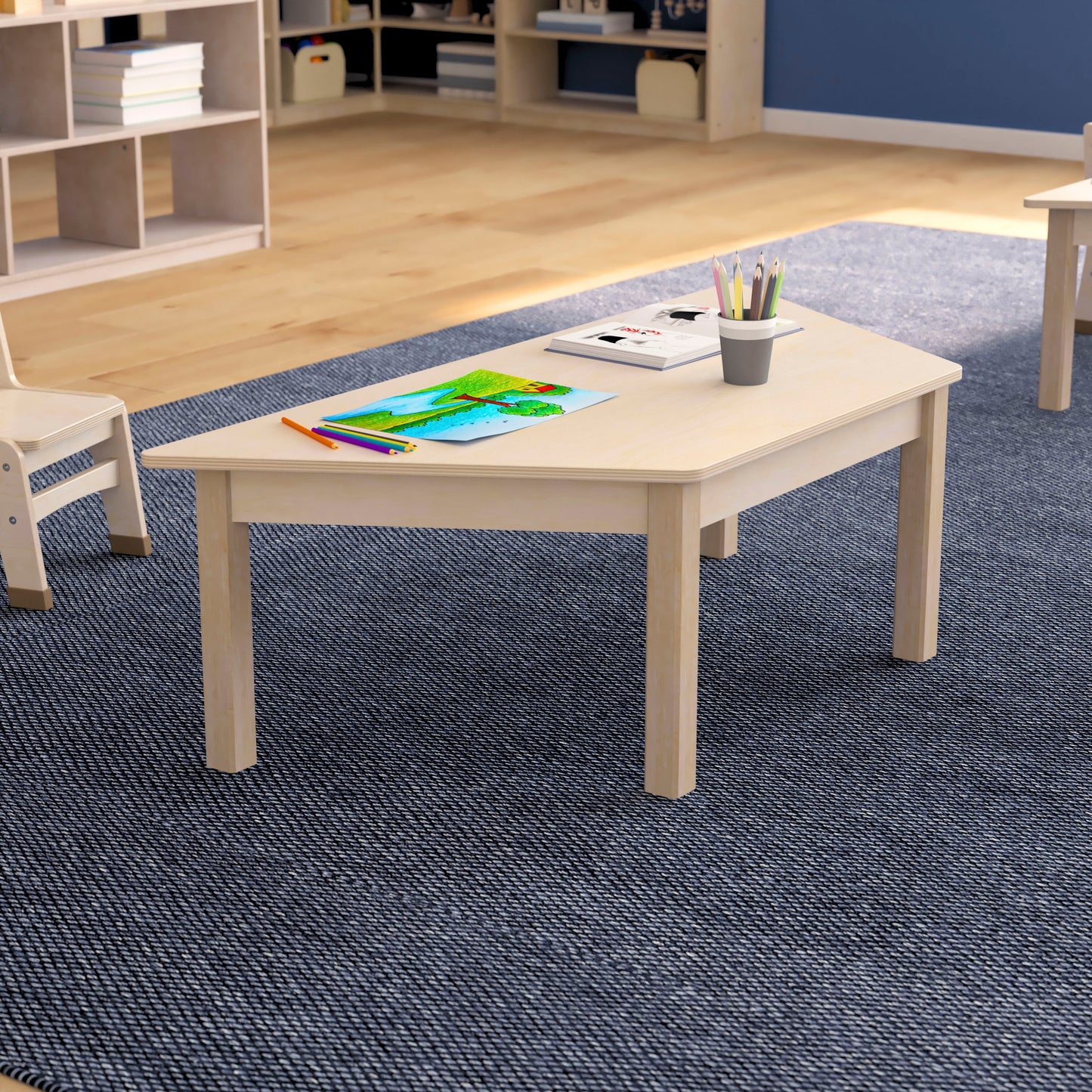Bright Beginnings Commercial Grade Wooden Trapezoid Preschool Classroom Activity Table, (20.75"W x 47.25"D x 14.5"H), Beech Beech