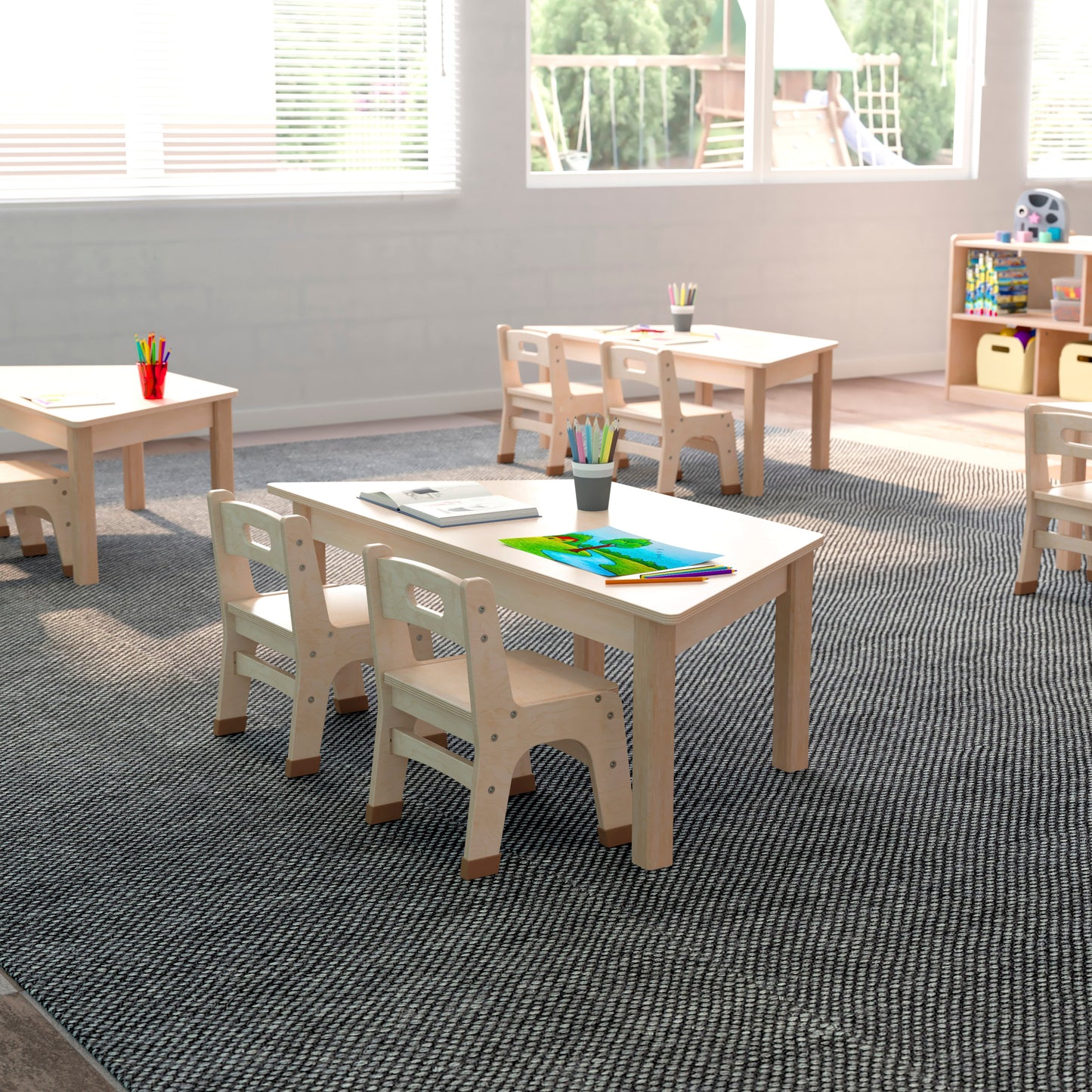 Bright Beginnings Commercial Grade Wooden Trapezoid Preschool Classroom Activity Table, (20.75"W x 47.25"D x 14.5"H), Beech Beech