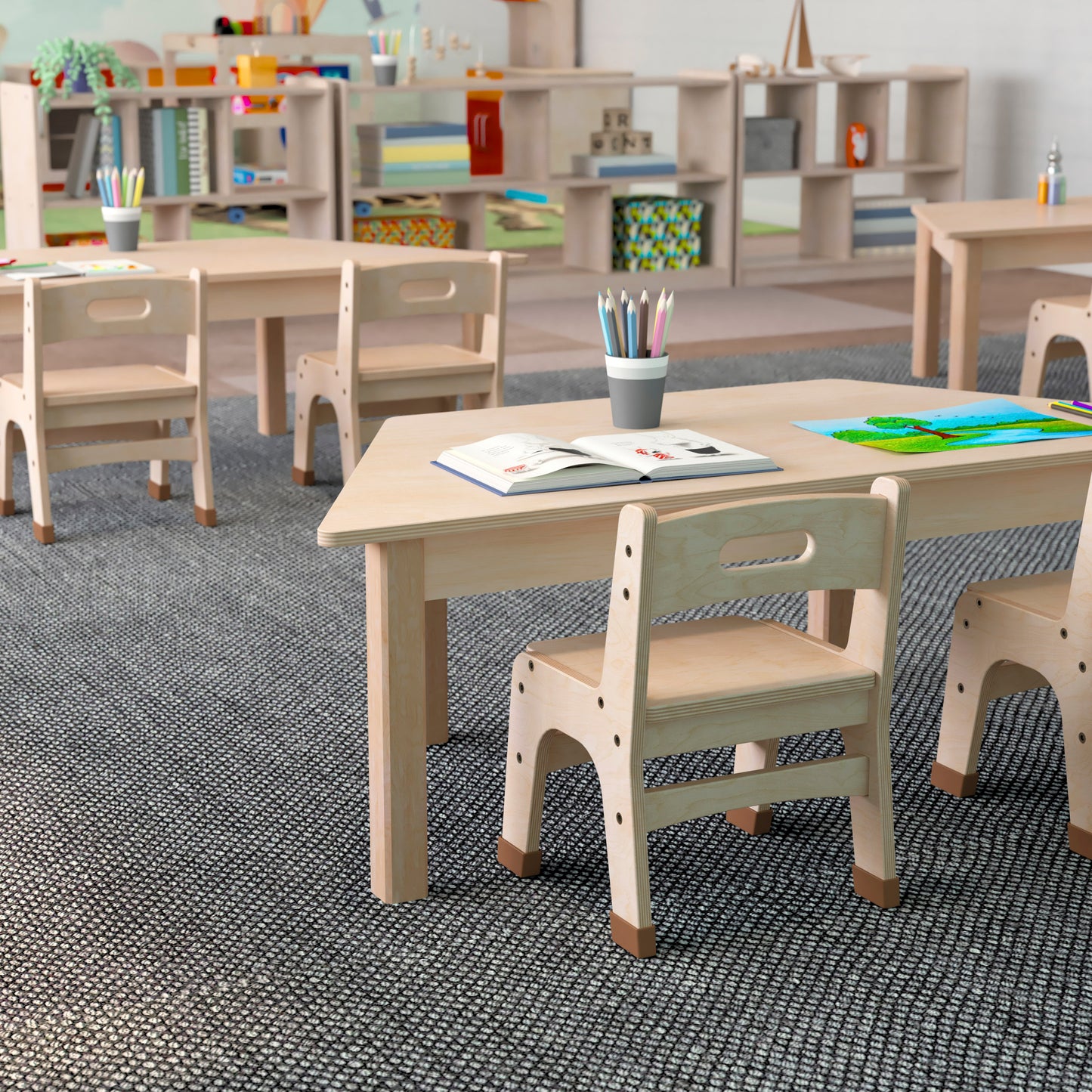 Bright Beginnings Commercial Grade Wooden Trapezoid Preschool Classroom Activity Table, (20.75"W x 47.25"D x 14.5"H), Beech Beech