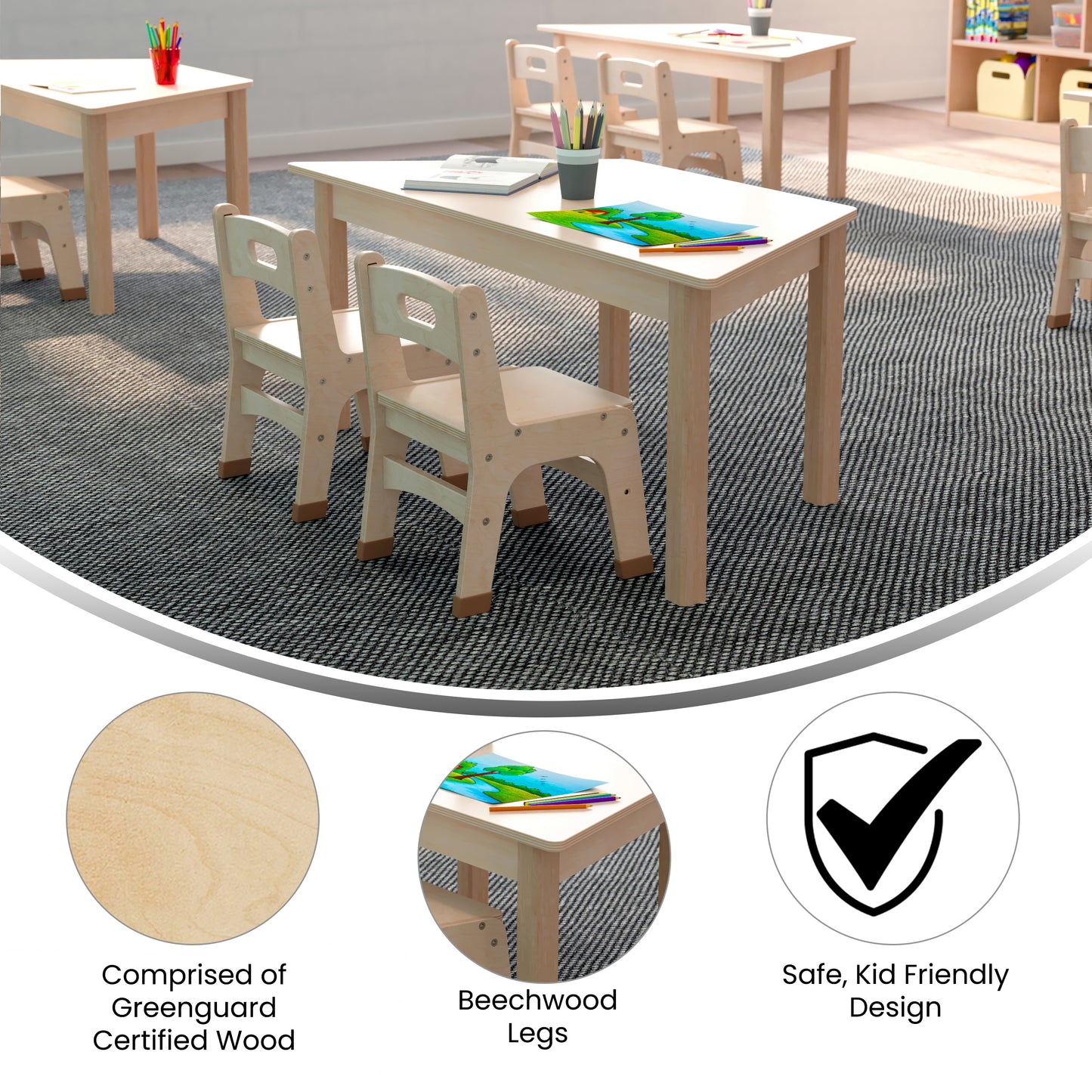 Bright Beginnings Commercial Grade Wooden Trapezoid Preschool Classroom Activity Table, (20.75"W x 47.25"D x 18"H), Beech Beech