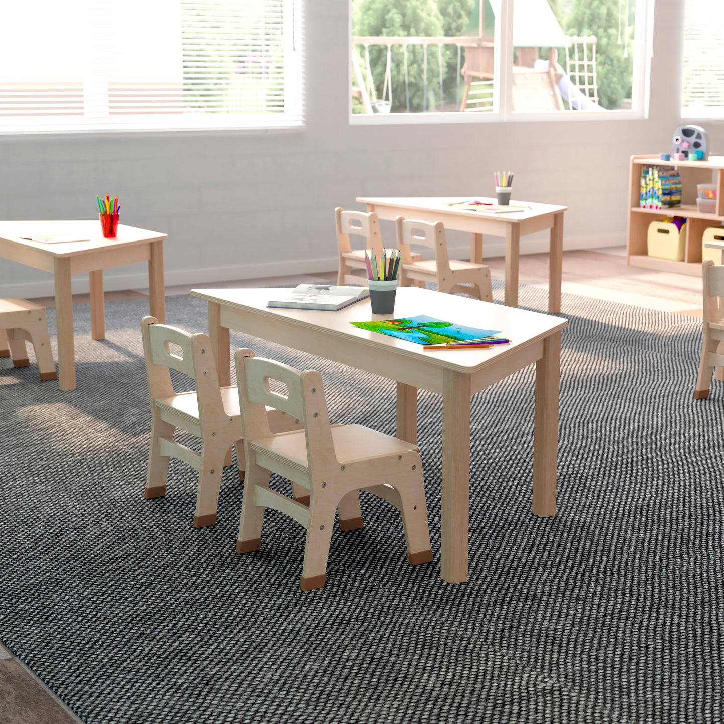 Bright Beginnings Commercial Grade Wooden Trapezoid Preschool Classroom Activity Table, (20.75"W x 47.25"D x 18"H), Beech Beech