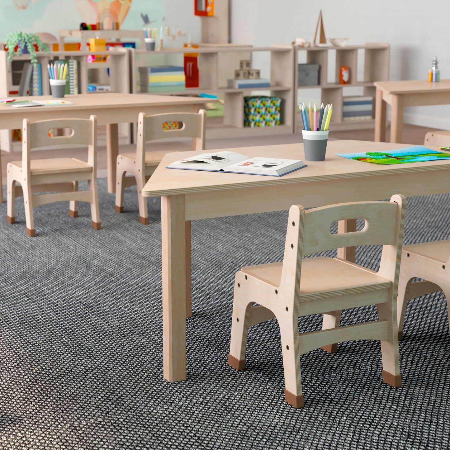 Bright Beginnings Commercial Grade Wooden Trapezoid Preschool Classroom Activity Table, (20.75"W x 47.25"D x 18"H), Beech Beech