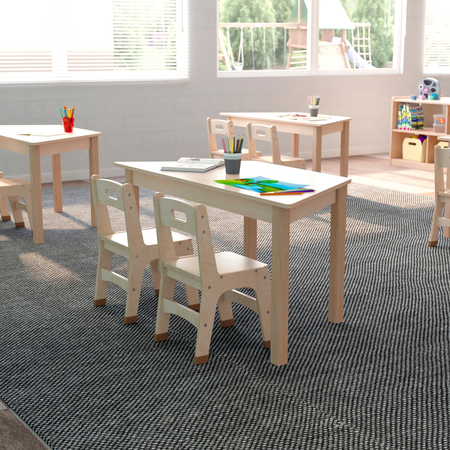 Bright Beginnings Commercial Grade Wooden Trapezoid Preschool Classroom Activity Table, (20.75"W x 47.25"D x 21"H), Beech Beech