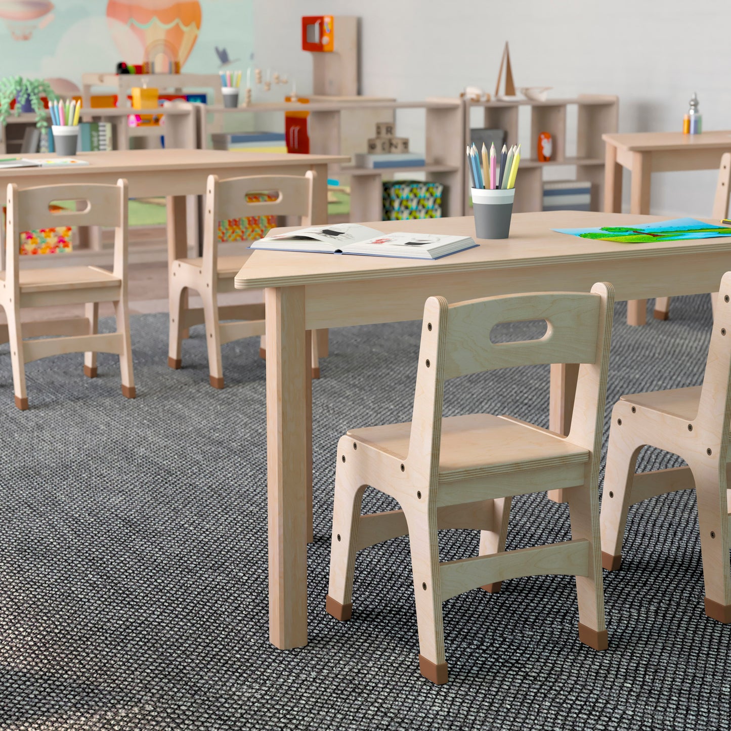 Bright Beginnings Commercial Grade Wooden Trapezoid Preschool Classroom Activity Table, (20.75"W x 47.25"D x 21"H), Beech Beech