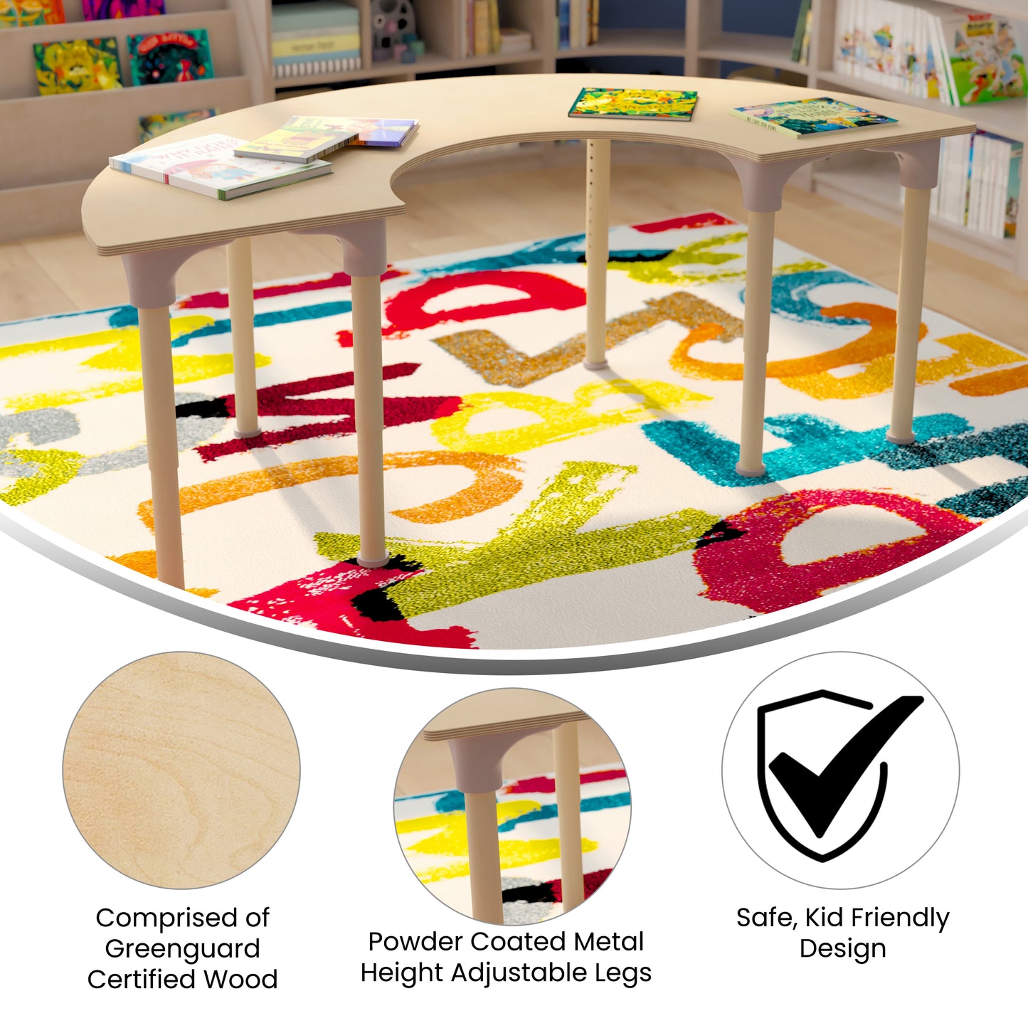Bright Beginnings 59" Commercial Grade Wooden Half Circle Adjustable Height Classroom Activity Table - Metal Legs Adjust From 15"H - 23"H, Beech Beech