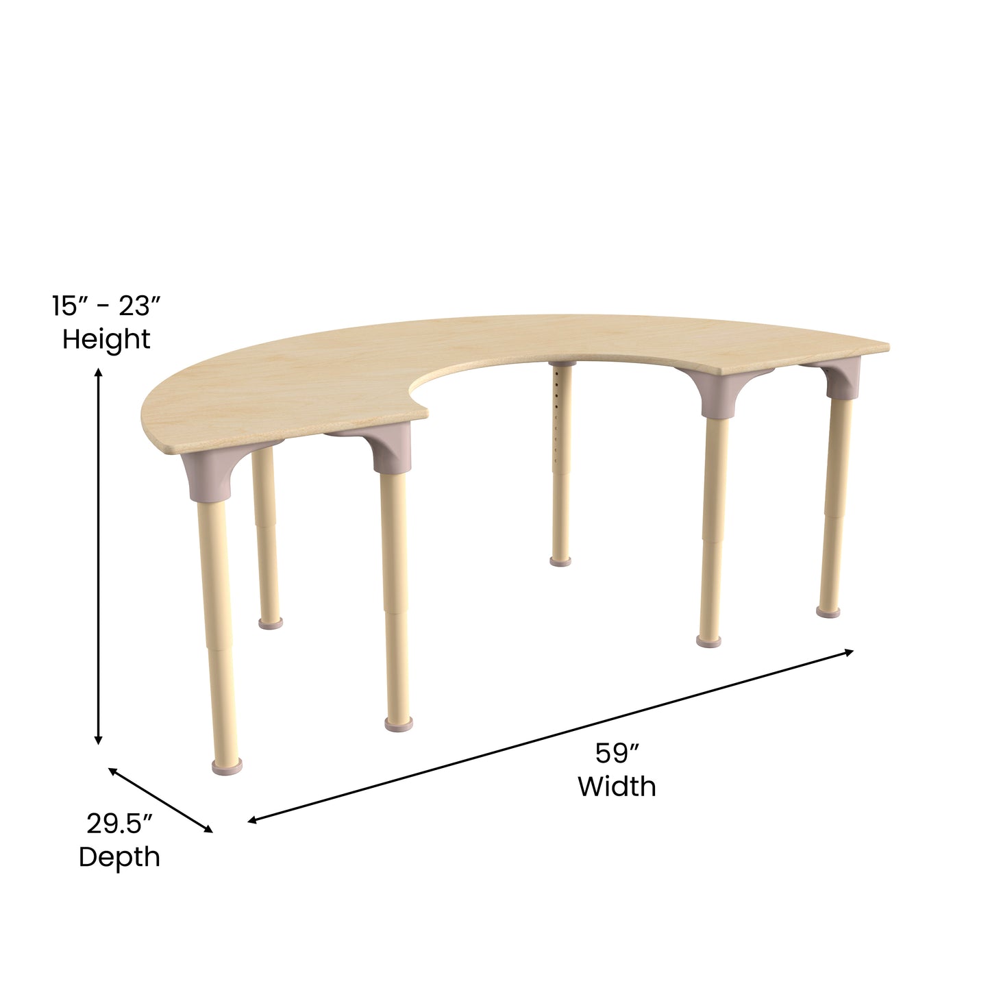 Bright Beginnings 59" Commercial Grade Wooden Half Circle Adjustable Height Classroom Activity Table - Metal Legs Adjust From 15"H - 23"H, Beech Beech
