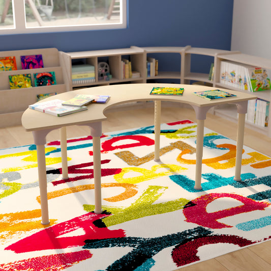 Bright Beginnings 59" Commercial Grade Wooden Half Circle Adjustable Height Classroom Activity Table - Metal Legs Adjust From 15"H - 23"H, Beech Beech