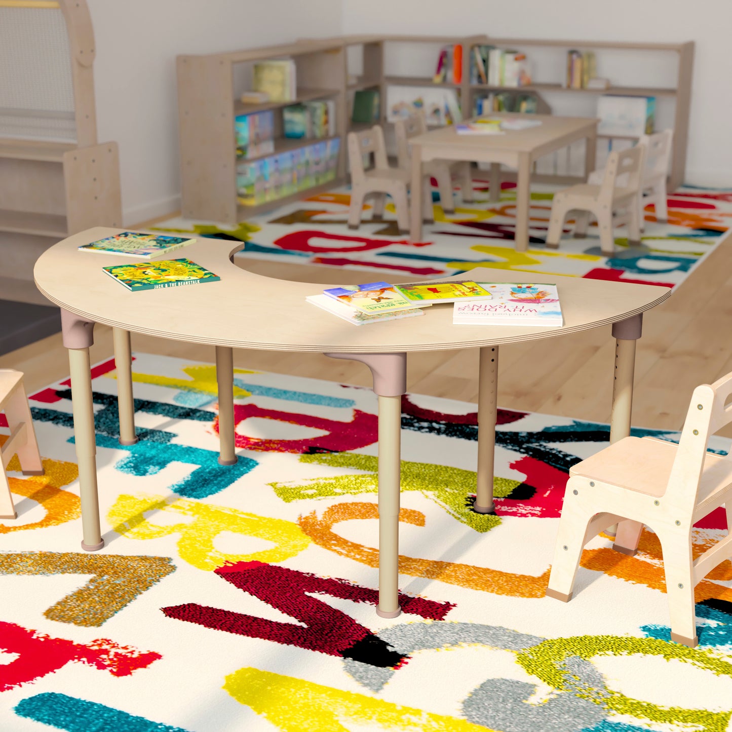 Bright Beginnings 59" Commercial Grade Wooden Half Circle Adjustable Height Classroom Activity Table - Metal Legs Adjust From 15"H - 23"H, Beech Beech