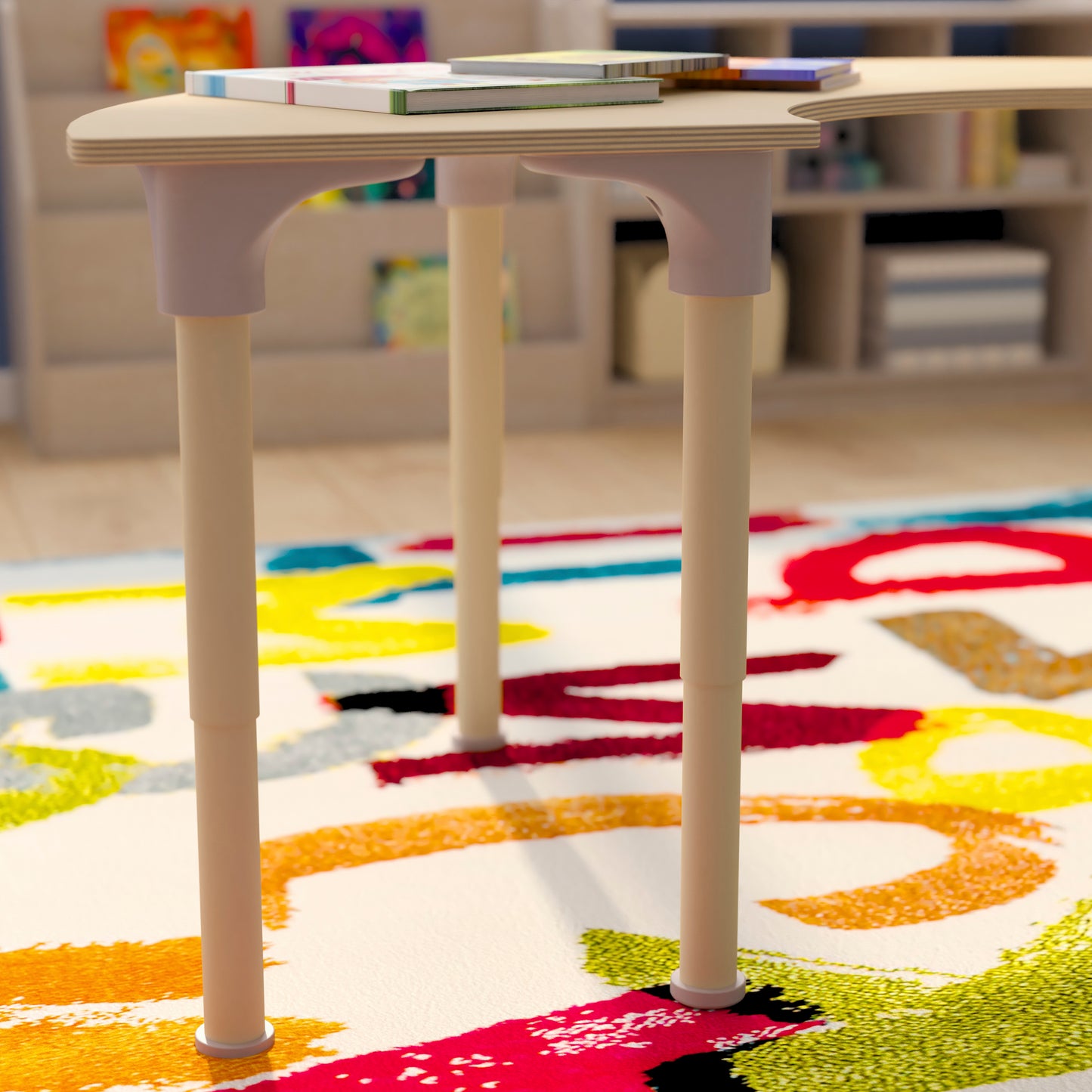 Bright Beginnings 59" Commercial Grade Wooden Half Circle Adjustable Height Classroom Activity Table - Metal Legs Adjust From 15"H - 23"H, Beech Beech
