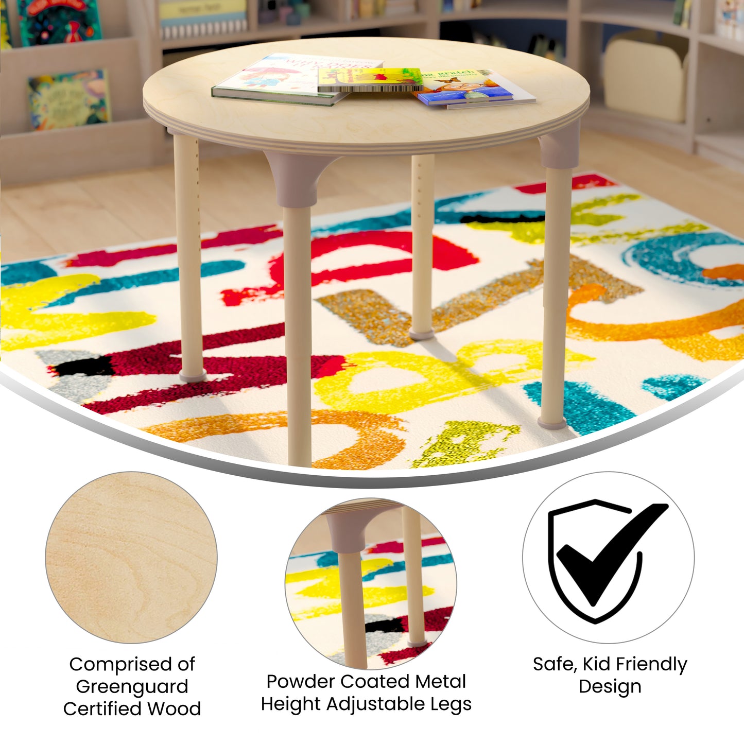 Bright Beginnings 33" Round Commercial Grade Wooden Adjustable Height Classroom Activity Table - Metal Legs Adjust From 15"H - 23"H, Beech Beech