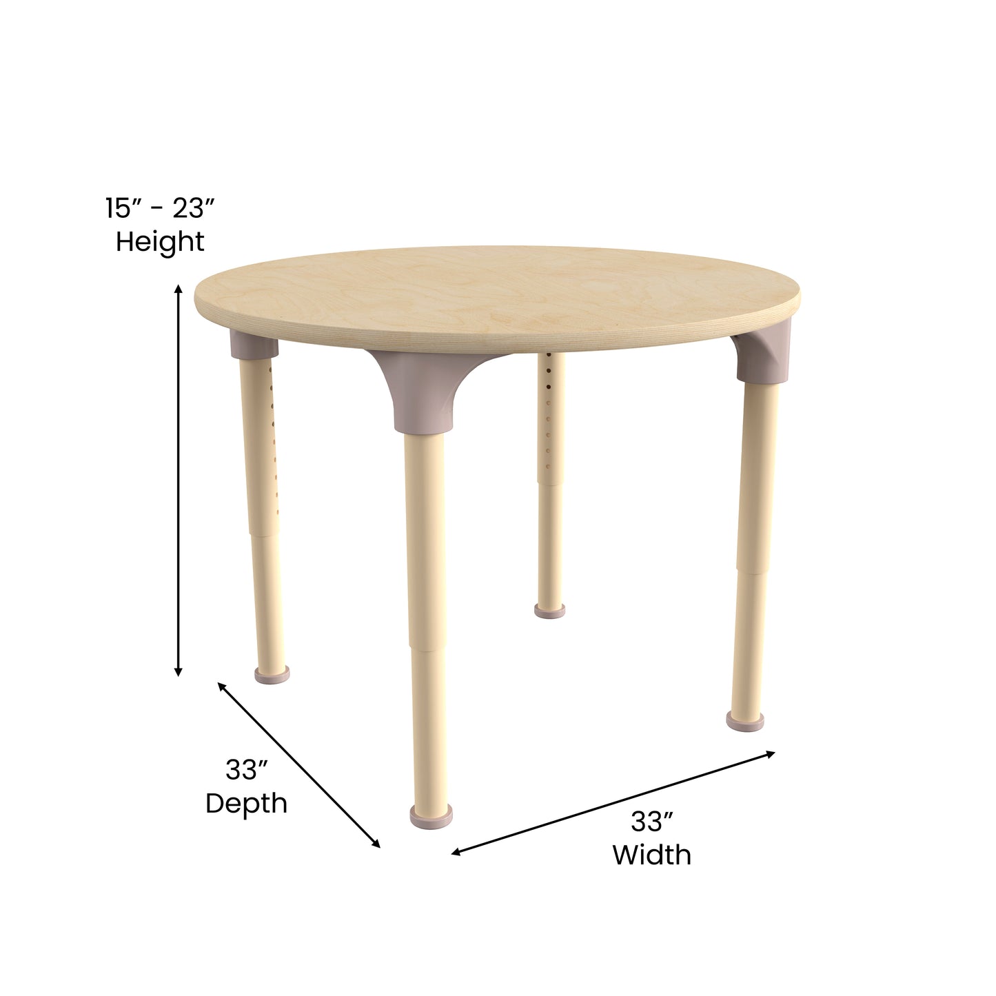 Bright Beginnings 33" Round Commercial Grade Wooden Adjustable Height Classroom Activity Table - Metal Legs Adjust From 15"H - 23"H, Beech Beech