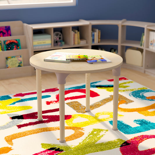 Bright Beginnings 33" Round Commercial Grade Wooden Adjustable Height Classroom Activity Table - Metal Legs Adjust From 15"H - 23"H, Beech Beech