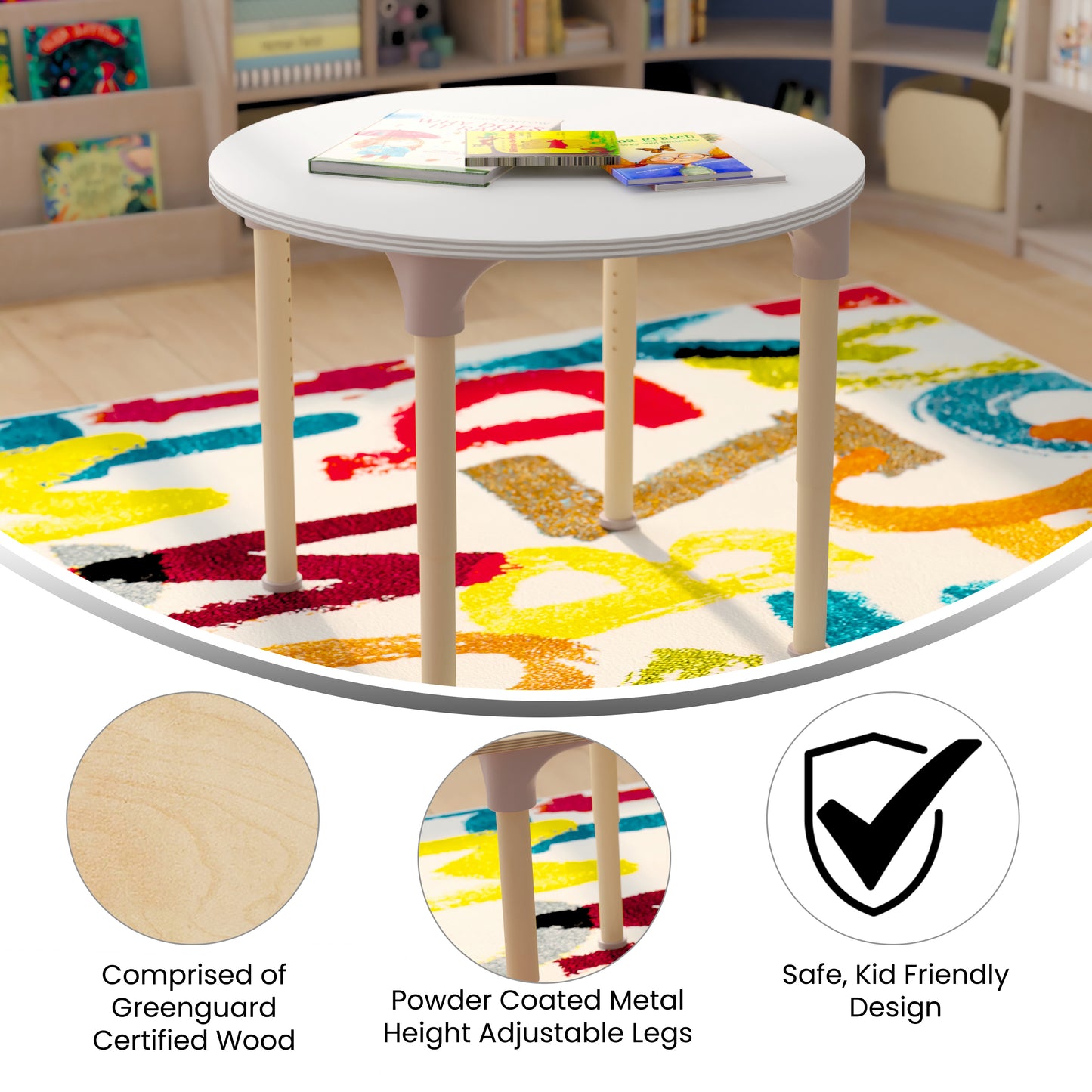 Bright Beginnings 33" Round Commercial Grade Wooden Adjustable Height Classroom Activity Table - Metal Legs Adjust From 15"H - 23"H, Beech/White White Top/Natural Frame